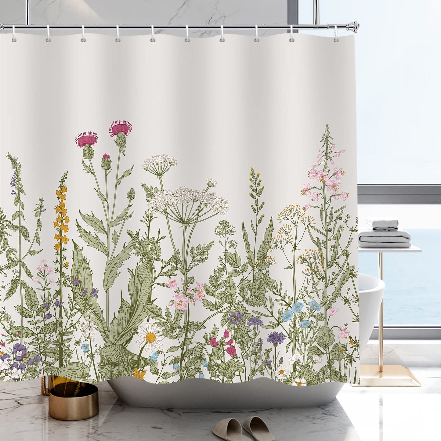YISURE 2 Piece Wildflower Botanical Shower Curtain Set with Window Curtain, 72x72 with 30x36 inches, Floral Plant Sage Green Leaves Decorative Shower Curtain with Matching Window Panel