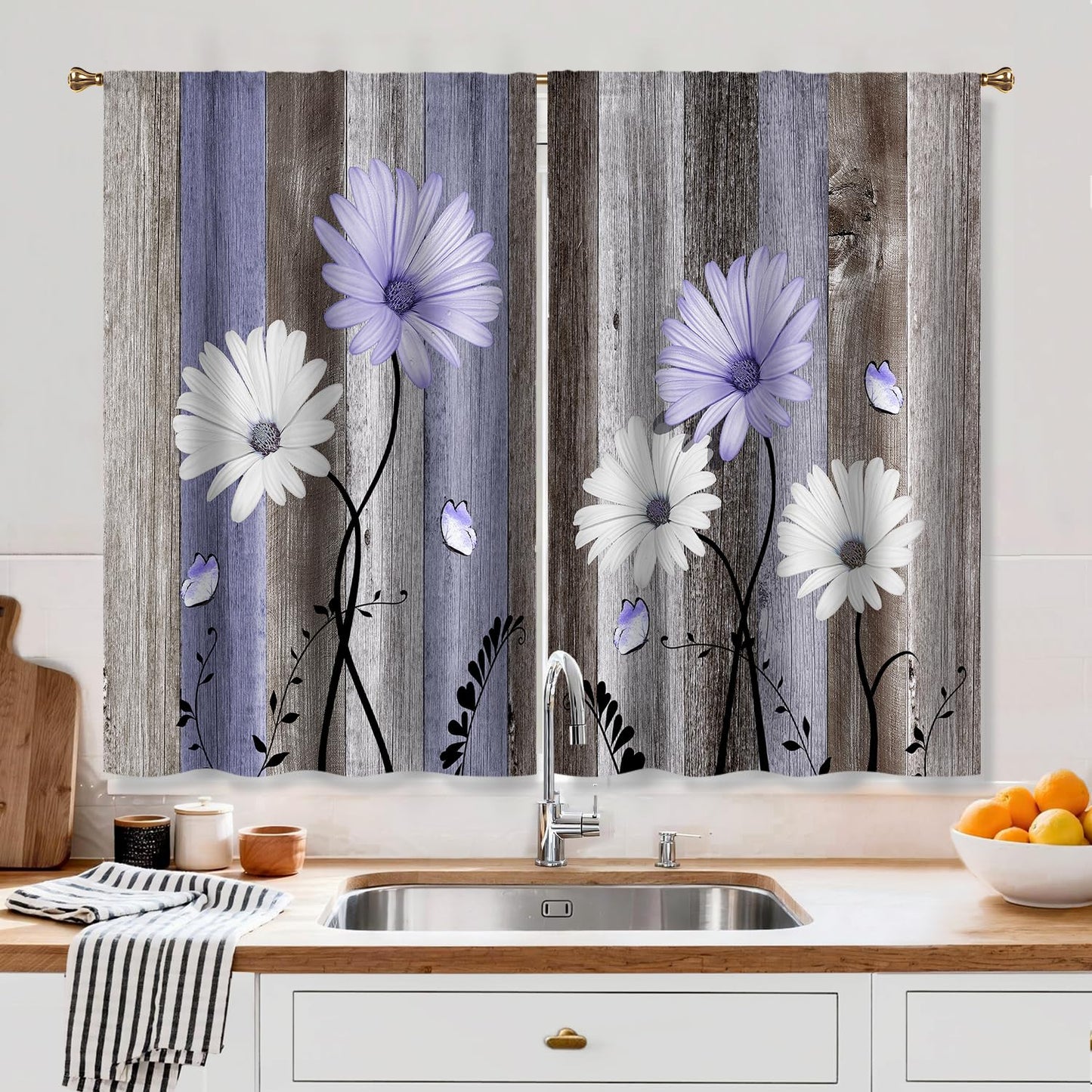 Cizuug Purple Farmhouse Daisy Kitchen Curtains Wooden Flower Small Short Cafe Window Curtains Rustic Floral Butterfly Country Bathroom Drapes Treatment Tier Curtains 2 Panels