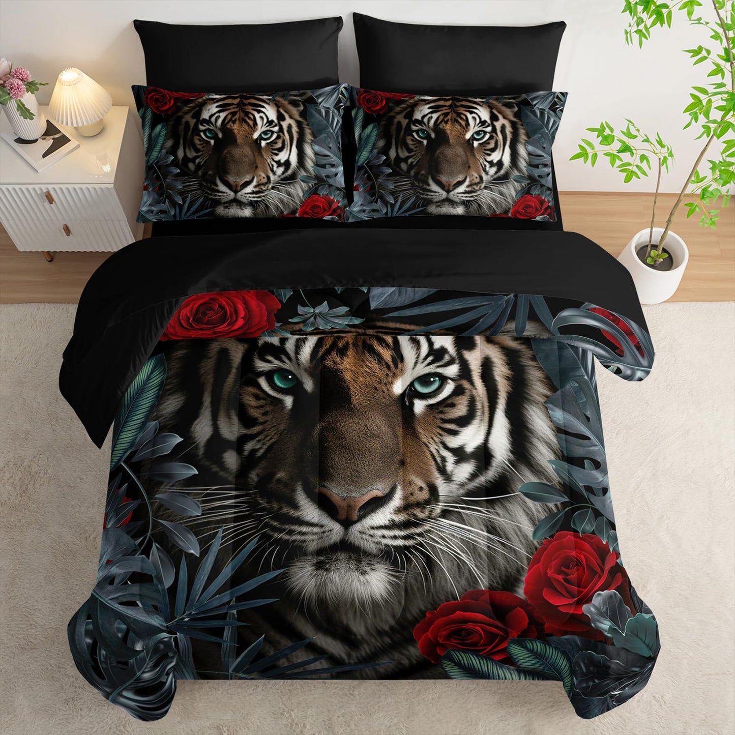 Nttopship Boys Tiger Comforter Set Bed in A Bag Twin Size 7PCS Red Rose Bedding Set,Bed Sheet Set Wild Animal Printed Room Decor for Girls Boys Kids,Microfiber Lightweight All Season