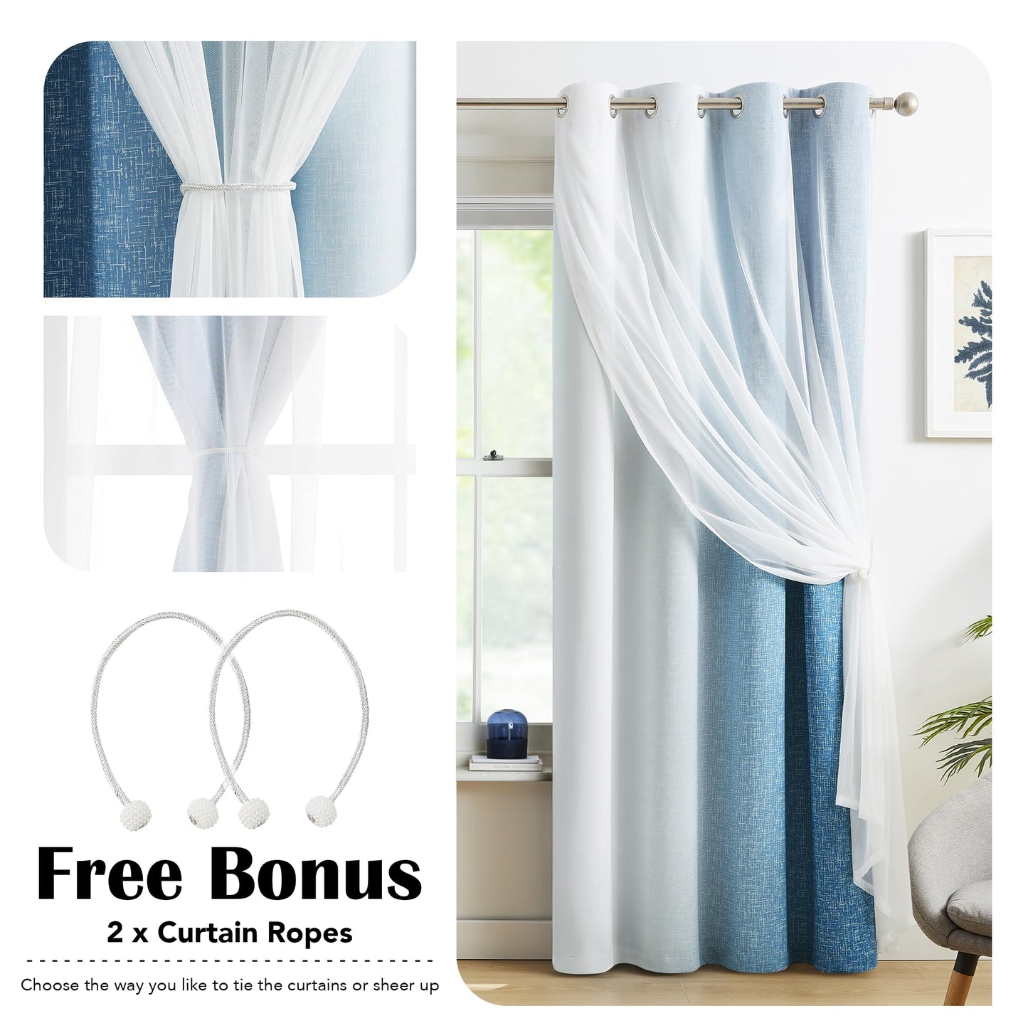 Geomoroccan Ombre 100% Blackout Curtains 54 Inches Long 2 Panels for Bedroom Living Room Blue and White Double Layer Sheer Overlay Mix & Match Grommet Thermal Soundproof Drapes with Tiebacks, 52x54