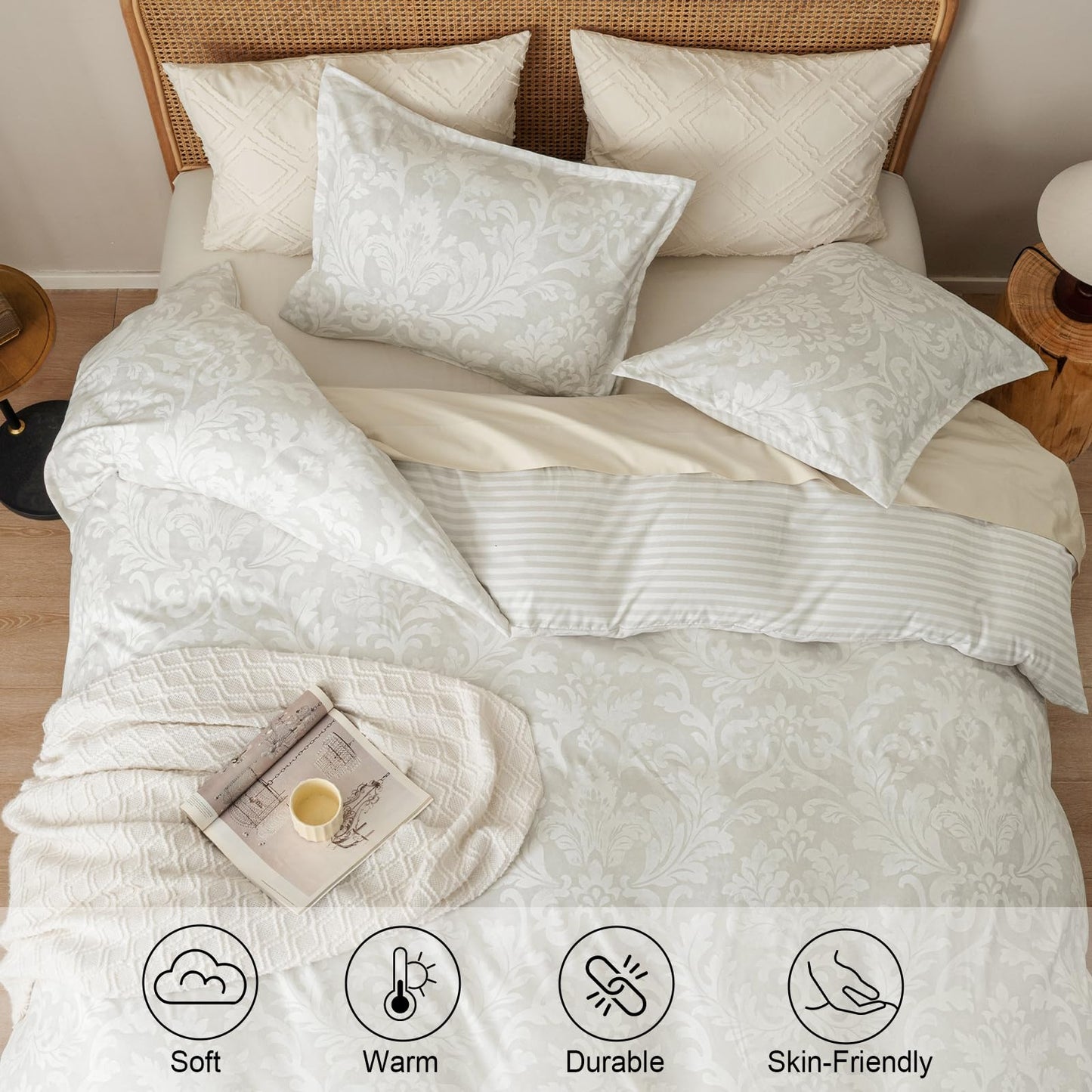 PHF Ultra Soft Floral Duvet Cover Queen Size, Printed Bedding Set 3 Pieces, Comfy Farmhouse Pattern Duvet Cover Set with 2 Pillow Shams, Zipper Closure and 8 Ties, 90"x90", Paisley-Beige