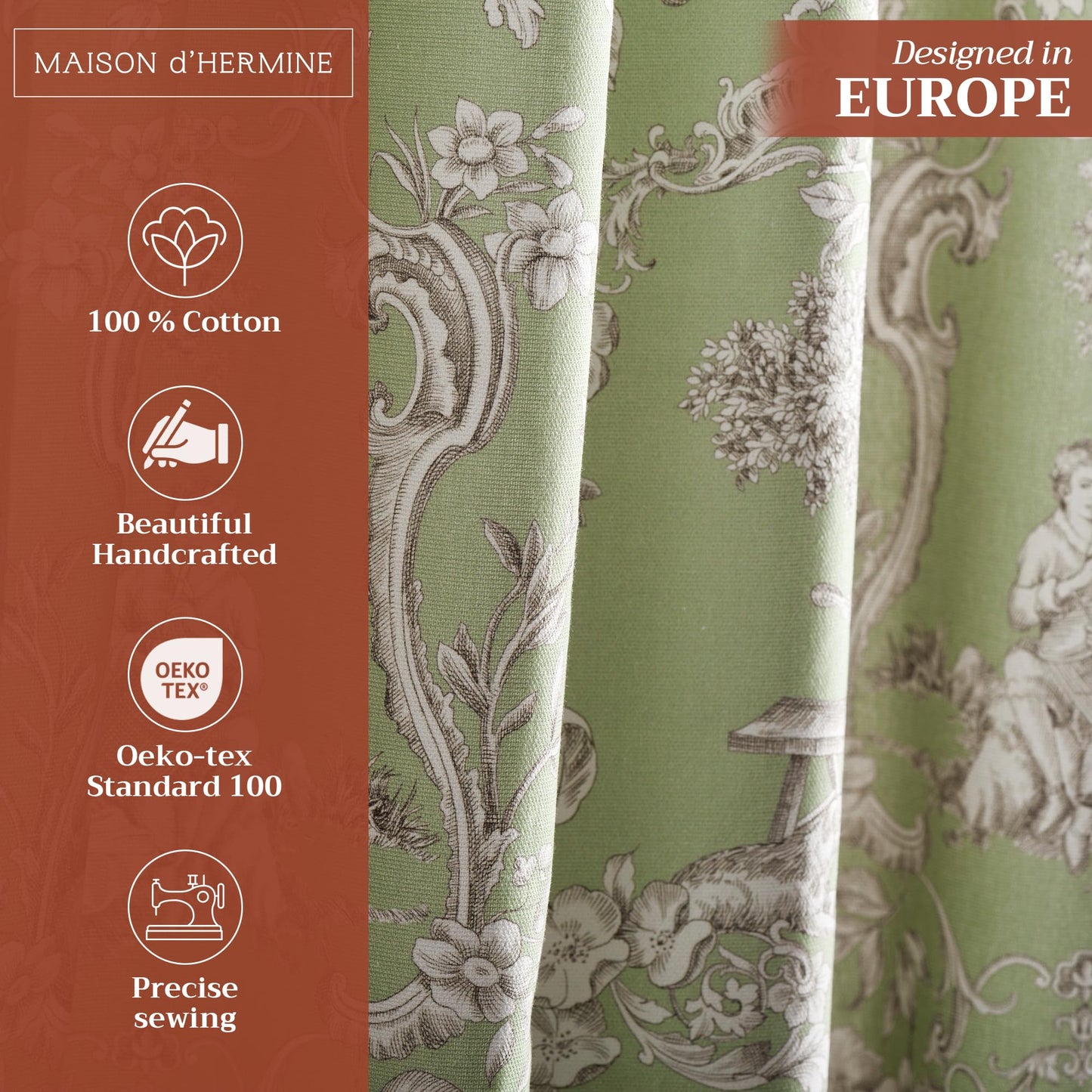 Maison d' Hermine Curtains for Living Room 100% Cotton 96 inch Length One Panel Light Filtering Toile Curtains for Bedroom Windows with Rod and Loop Pockets Drapes (Joli Jouy Green, 50" W x 96" L)