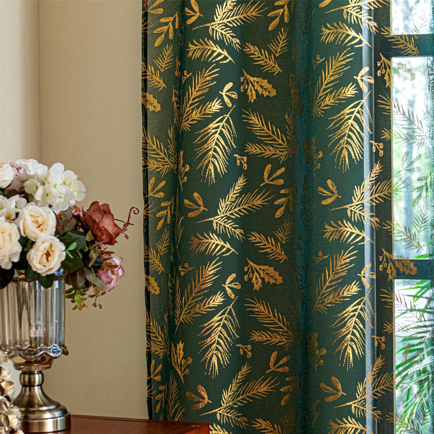 Deeprove Emerald Green Sheer Curtains 84 inches Long 2 Panels for Bedroom Living Room Xmas Decor Gliter Luxury Metallic Gold Foil Leaf Print Golden Window Treatments Pair Set, W52 x L84 Inch
