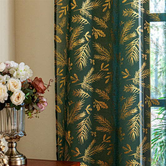 Deeprove Emerald Green Sheer Curtains 84 inches Long 2 Panels for Bedroom Living Room Xmas Decor Gliter Luxury Metallic Gold Foil Leaf Print Golden Window Treatments Pair Set, W52 x L84 Inch