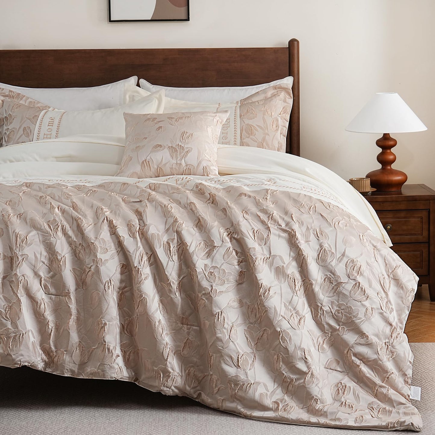 Queen Bed in a Bag 6-Pieces Jacquard Embroidery Splicing Design Tulip Flowers Bedding Set Beige and Champagne Comforter Set Durable and Super Soft Microfiber Comforter for All Season (fd002-Queen)