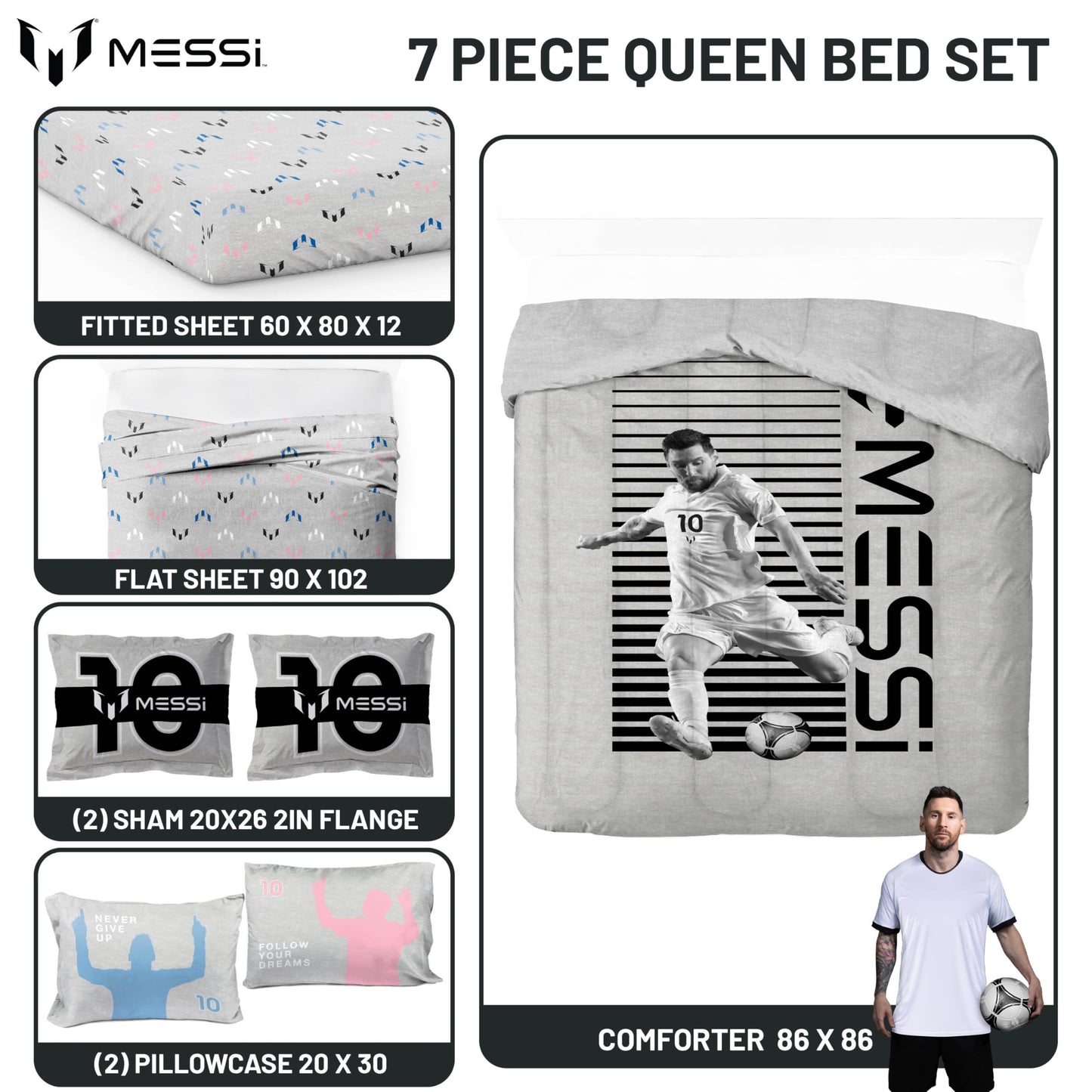 Jay Franco Kids Comforter Set Includes Sheets and Pillow Cover - Soft and Cozy Bed Set for Stylish Room Décor, Grey - Messi, 7 Piece Queen