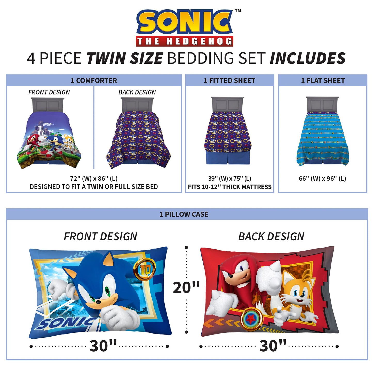 Franco Kids Bedding Super Soft Comforter and Sheet Set, 4 Piece Twin Size, Sonic The Hedgehog, Anime