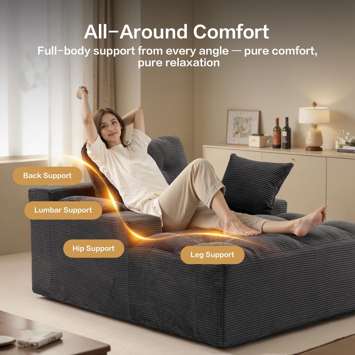 spanspace Chaise Lounge Chair Indoor, Oversized Sleeper Sofa Couch Bed with Removable Armrest Pads, Boneless Couch for Living Room, Bedroom