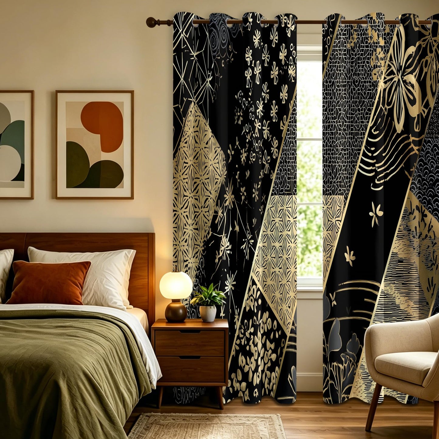 Solvivae Black Gold Black Out Curtains 63 Inch Long, Floral Boho Curtains for Bedroom Living Room, Room Darkening Thermal Insulated Grommet Drapes, Patterned Window Treatments