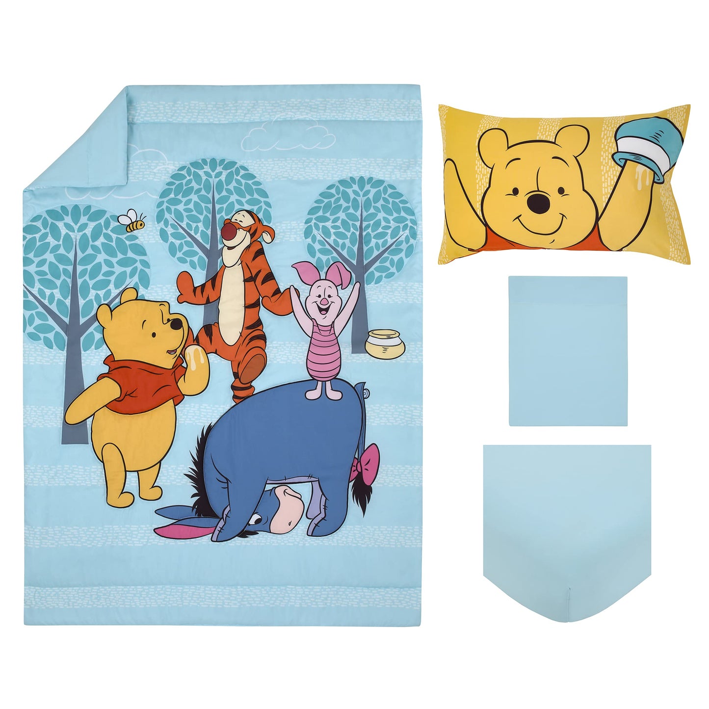 Disney Winnie The Pooh Funny Friends Aqua, Gold, Blue and Orange, Tigger, Eeyore and Piglet 4 Piece Toddler Bed Set - Comforter, Fitted Bottom Sheet, Flat Top Sheet, and Reversible Pillowcase