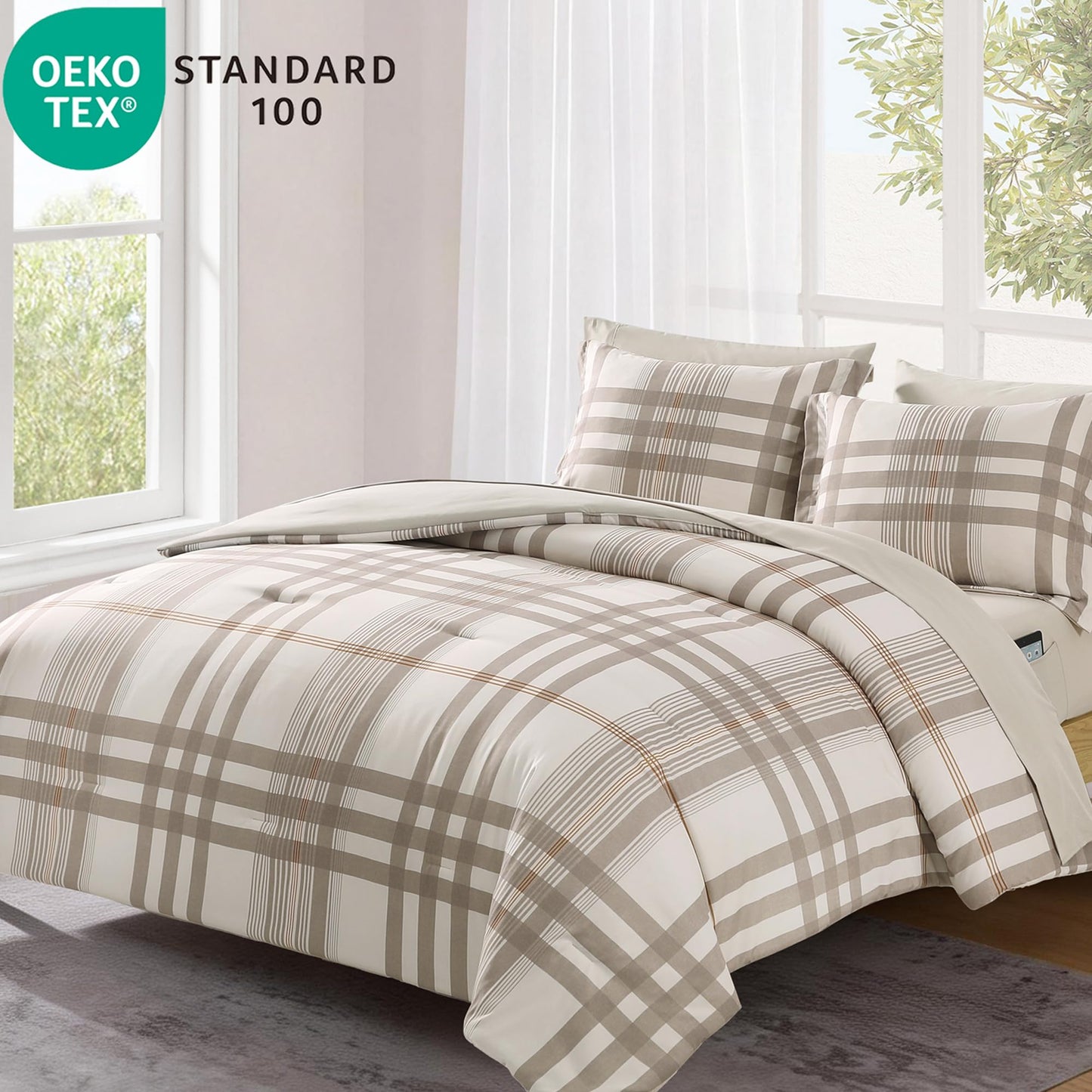 MaiRêve Queen Comforter Set Brown Grey, Classic Plaid Farmhouse Bedding Sets 7 Pieces, All Season Lightweight Bed in a Bag with Sheets, Pillowcases & Shams
