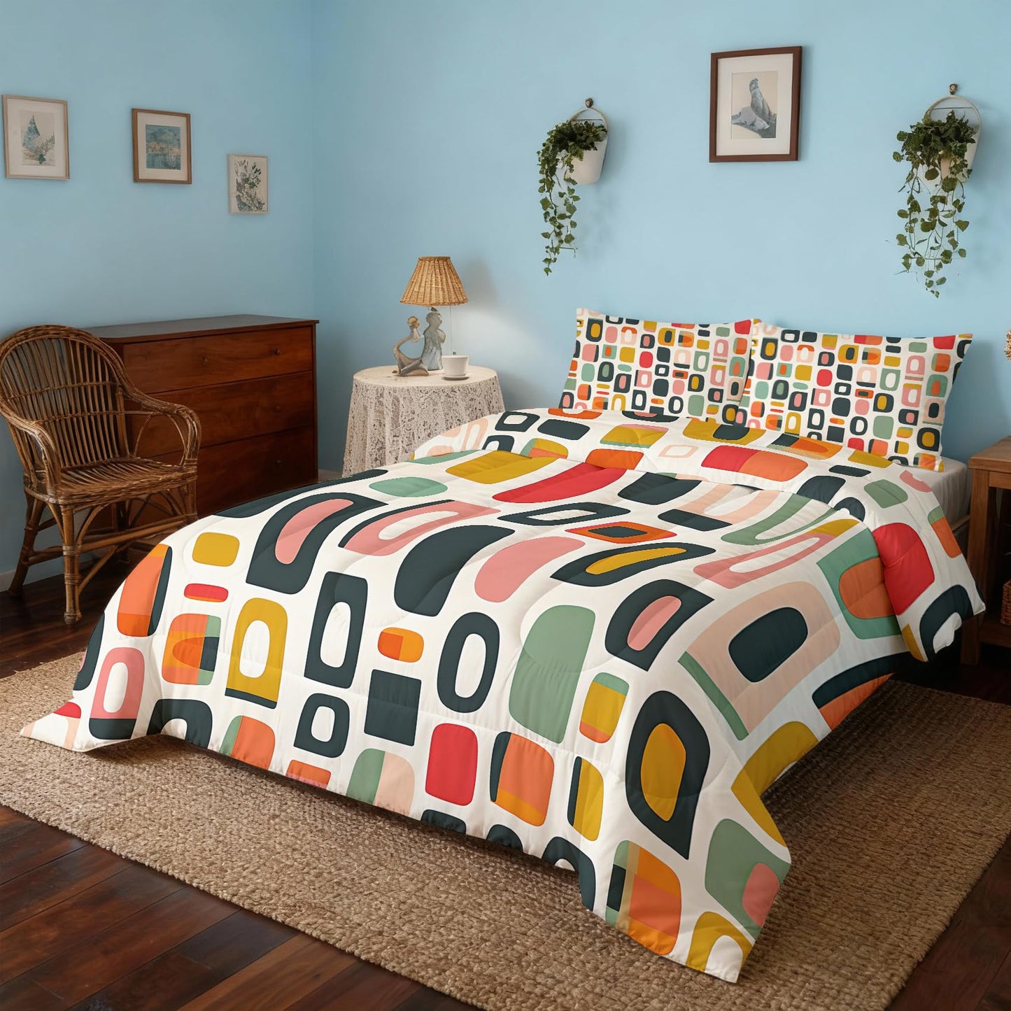 ZDABAOEC Mid Century Retro Queen Comforter Set 3 Piece, 2 Pillow Shams, Geometric Abstract 70s Reversible Down Alternative All Season Bedding, Soft Microfiber, Retro Bedroom Decor