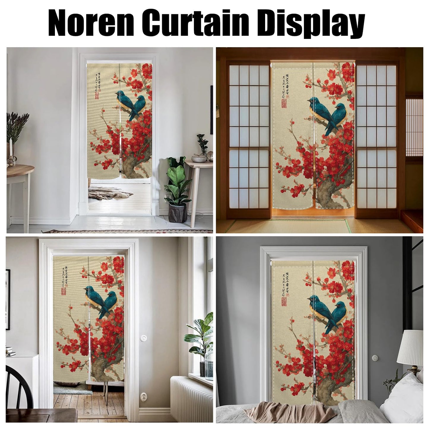 XMJJKUF Japanese Doorway Curtain Noren Long Style Red Cherry Blossom Printed Door Tapestry Window Treatment for Hanging Room Divider Kitchen Door Curtains Japanese Home Decor, 33.5"x 70.9"
