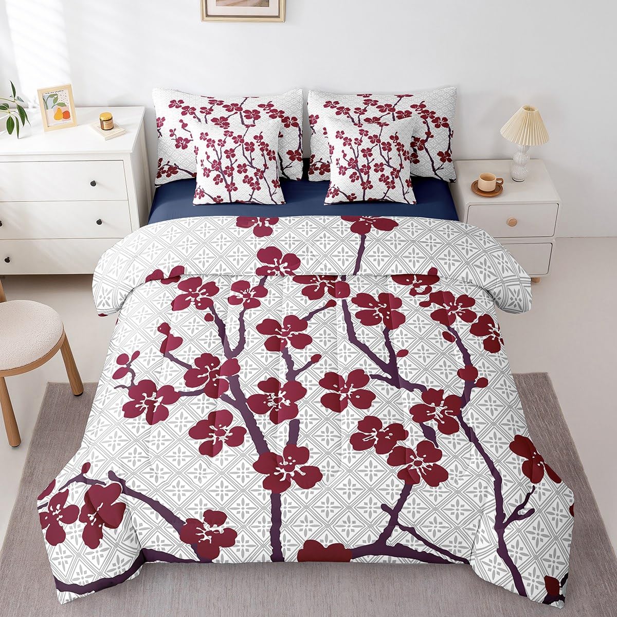 Erosebridal Cherry Blossom 7 Piece Comforter Set Queen Bed in a Bag,Japanese Cherry Blossom Bedding Set for Girls Women Bedroom,Red and Grey Quilt Duvet,Spring Flower Floral Branches Sheet Set