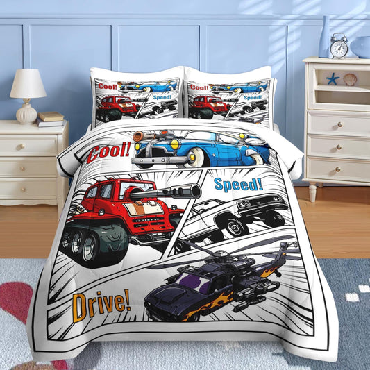 Nesker 5 Pcs Car Comforter Set Twin Size, Colorful Race Car Boys Bedding White Bed in a Bag for Kids and Adults, Retro Green Truck Bed Sheet Sets with Fitted Sheet Pillowcases & Shams