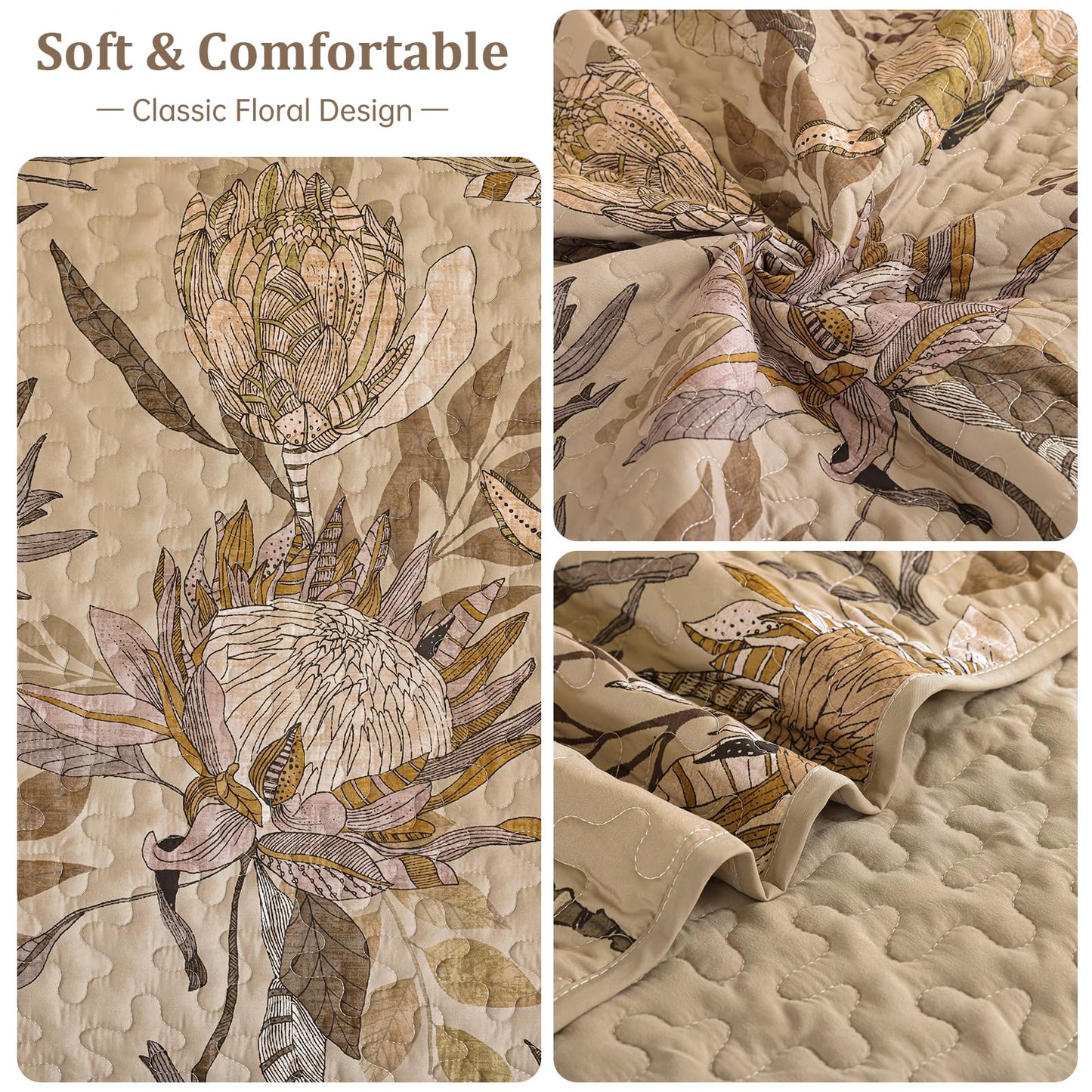 Dintszyayue Quilt Queen Size Brown, 3 Pieces Boho Floral Bedspread Bedding for Queen Size Bed, Soft Lightweight Microfiber Coverlet Set for All Season Quilt with 2 Pillowcases
