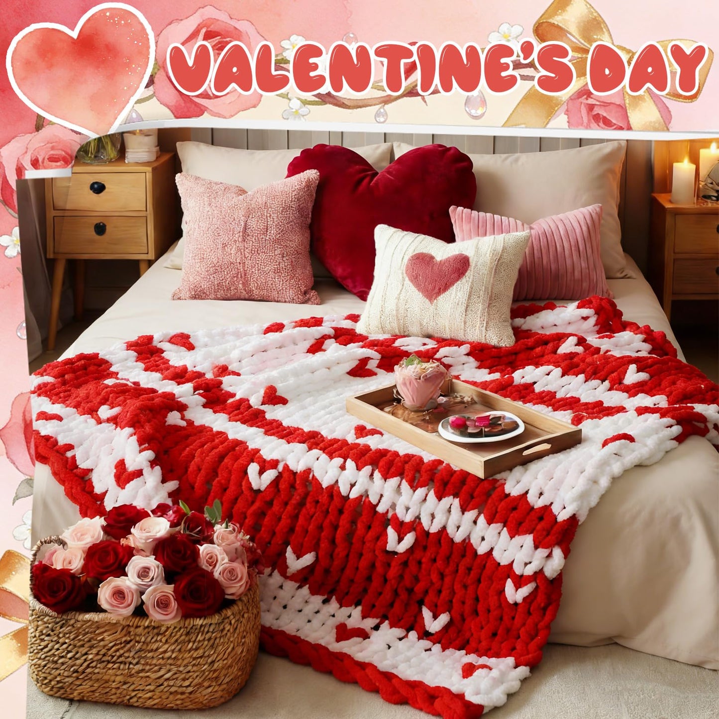 Mindsoft Chunky Knit Throw Blanket Large 50" X 60" Handmade Cream Chenille Loop Yarn Fluffy Soft Knitted Throw Big Cozy Thick Cable Knit Crochet Blanket for Couch Sofa Bed(Red,Heart)