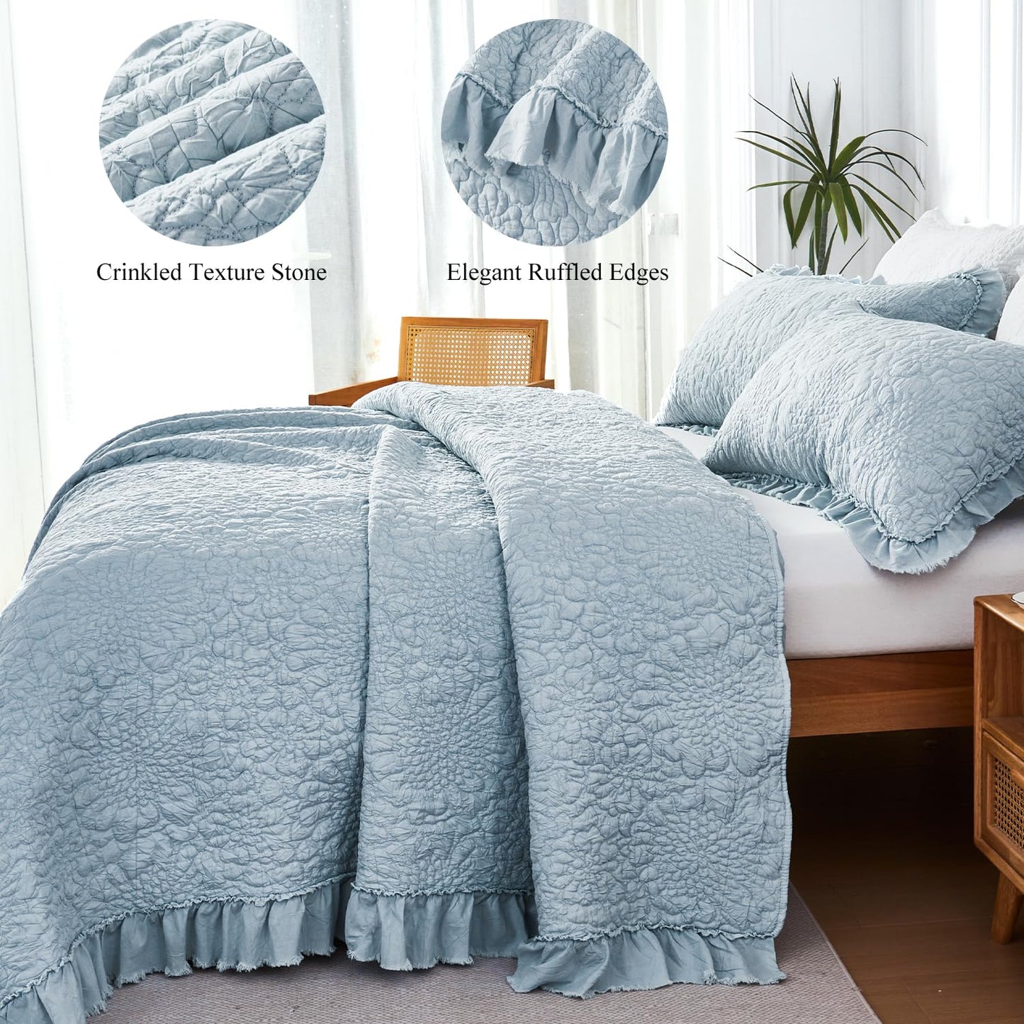 WINLIFE Queen Ruffled Quilt Bedding Set(90''x98''), Soft Stonewashed Bedspread Bedding Dusty Blue Floral Petal Pattern Crinkle Farmhouse Quilted Coverlet & Sets 3PCS for All Season