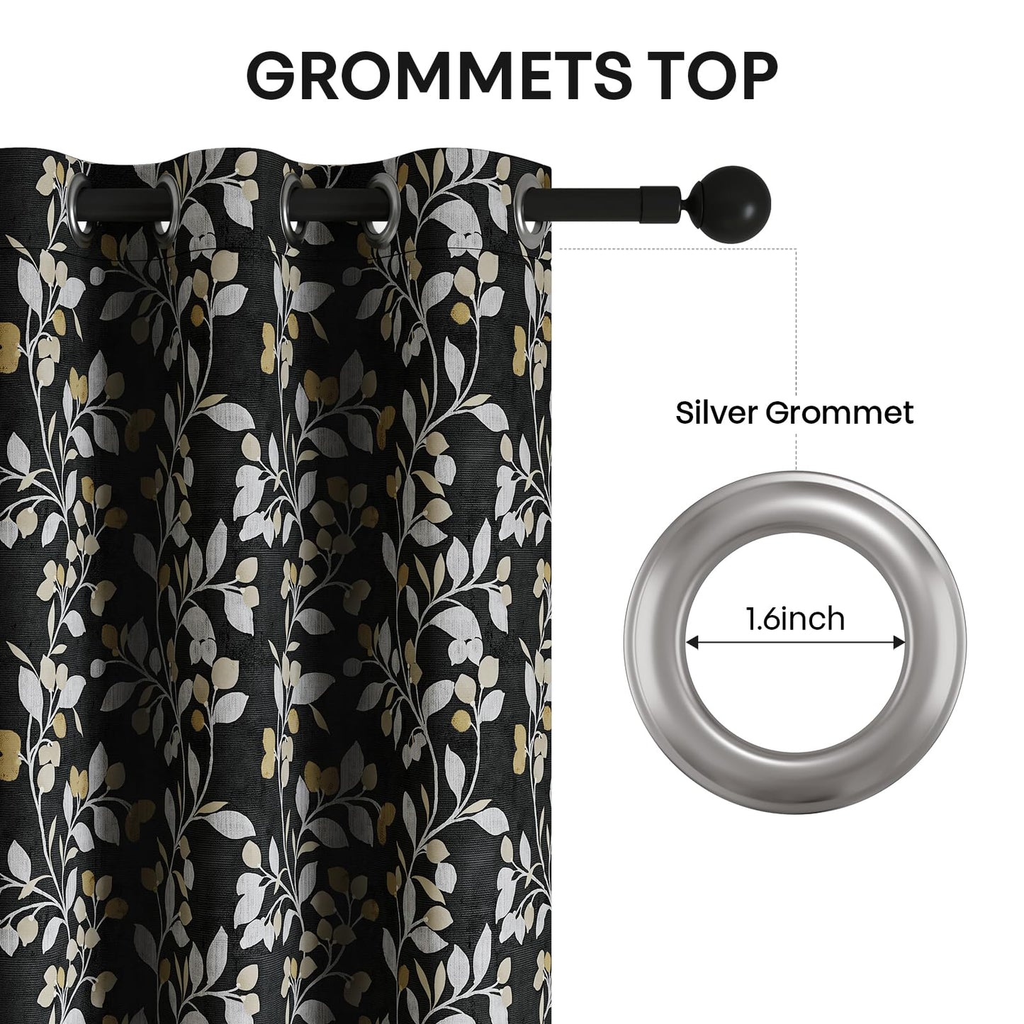 MIMUNULUX Vintage Floral Vine Leaf Print Blackout Grommet Curtains 84 Inch 2 Panels for Bedroom Living Room Improve Sleep Quality Protect Privacy Darkening Drapes Farmhouse (52" W x 84" L) Black