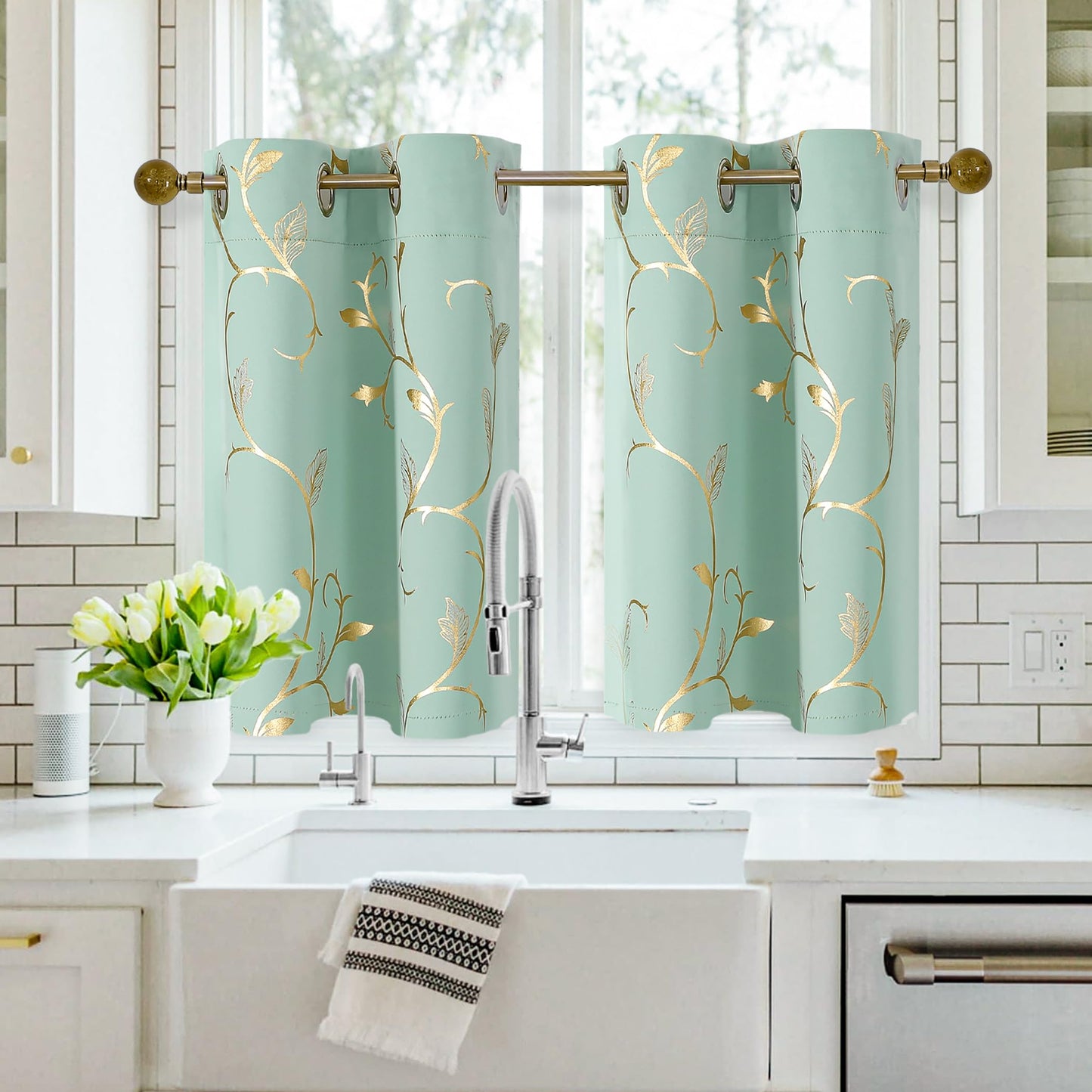 BUHUA Blackout Small Window Curtains for Kitchen and Bedroom Gold Foil Print Flower Grommet Short Thermal Insulated Room Darkening Curtains, Aqua, 26Wx36L, 2 Panels