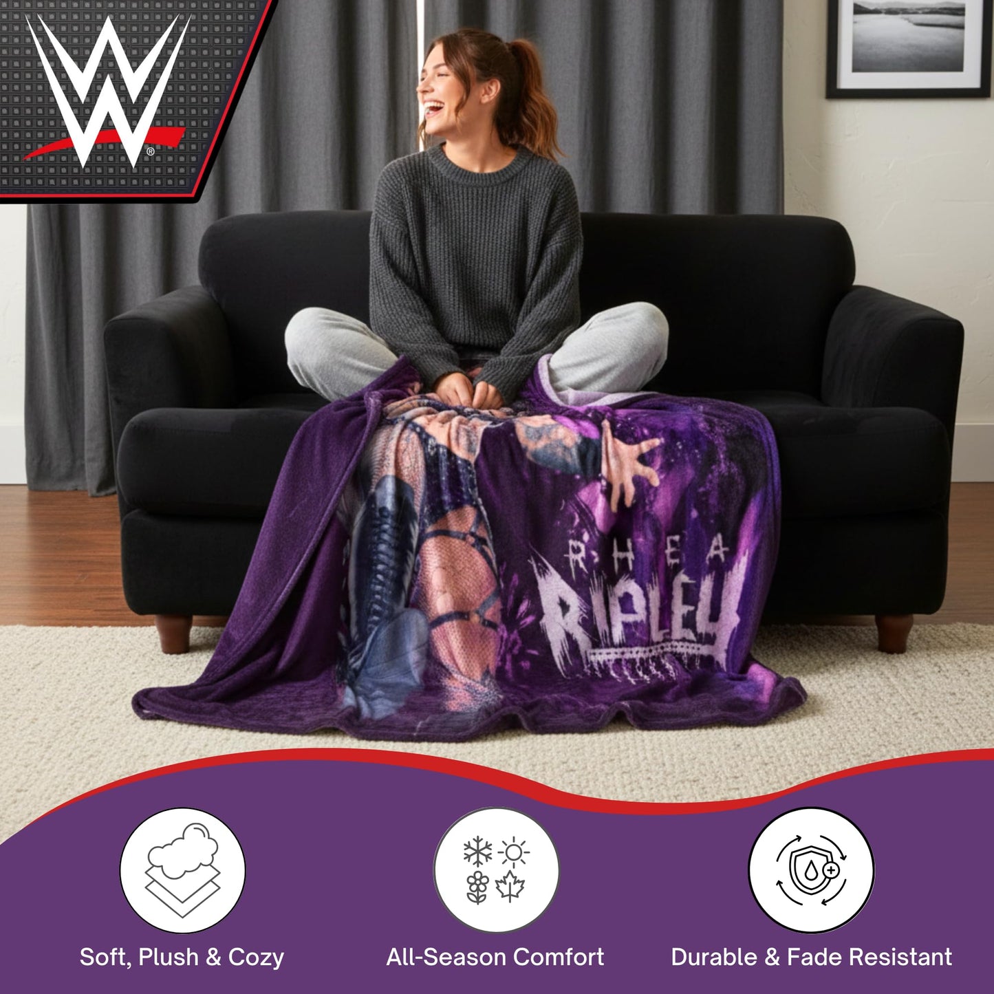WWE Rhea Ripley Main Event Champions Bedding Super Soft Throw Blanket, 46 in x 60 in, (Official Licensed Product) By Franco Collectibles