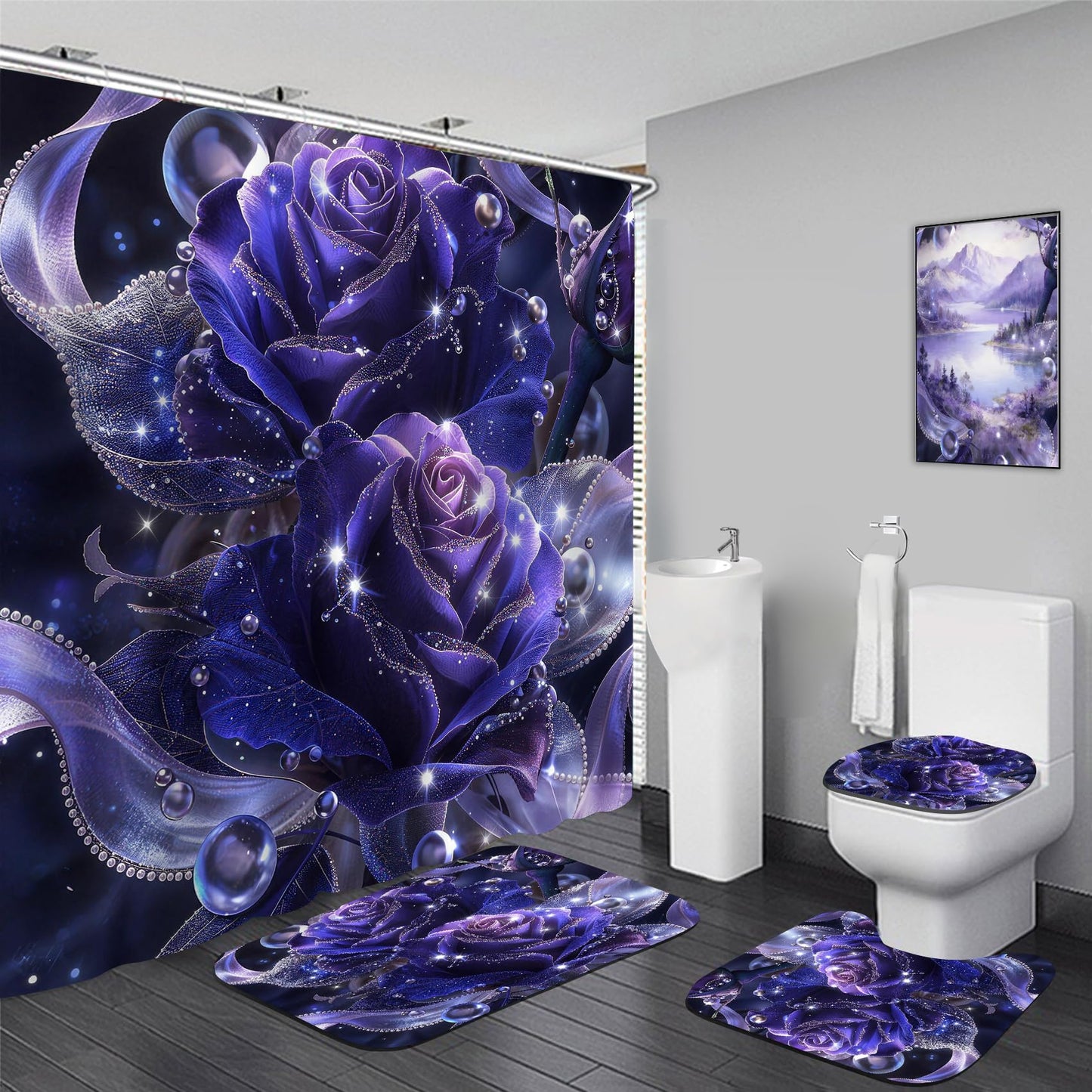 Yddsky 4 PCS Purple Rose Shower Curtain Sets,Black Bathroom Set with Modern Bathroom Curtains Shower Set with Toilet Lid Cover for Women Bathroom Decor Accessories