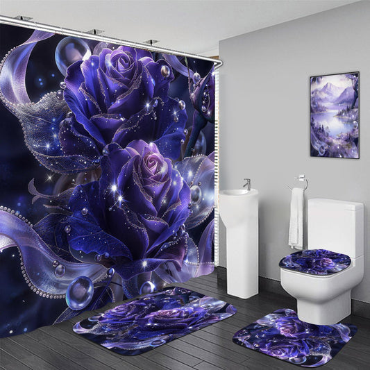 Yddsky 4 PCS Purple Rose Shower Curtain Sets,Black Bathroom Set with Modern Bathroom Curtains Shower Set with Toilet Lid Cover for Women Bathroom Decor Accessories