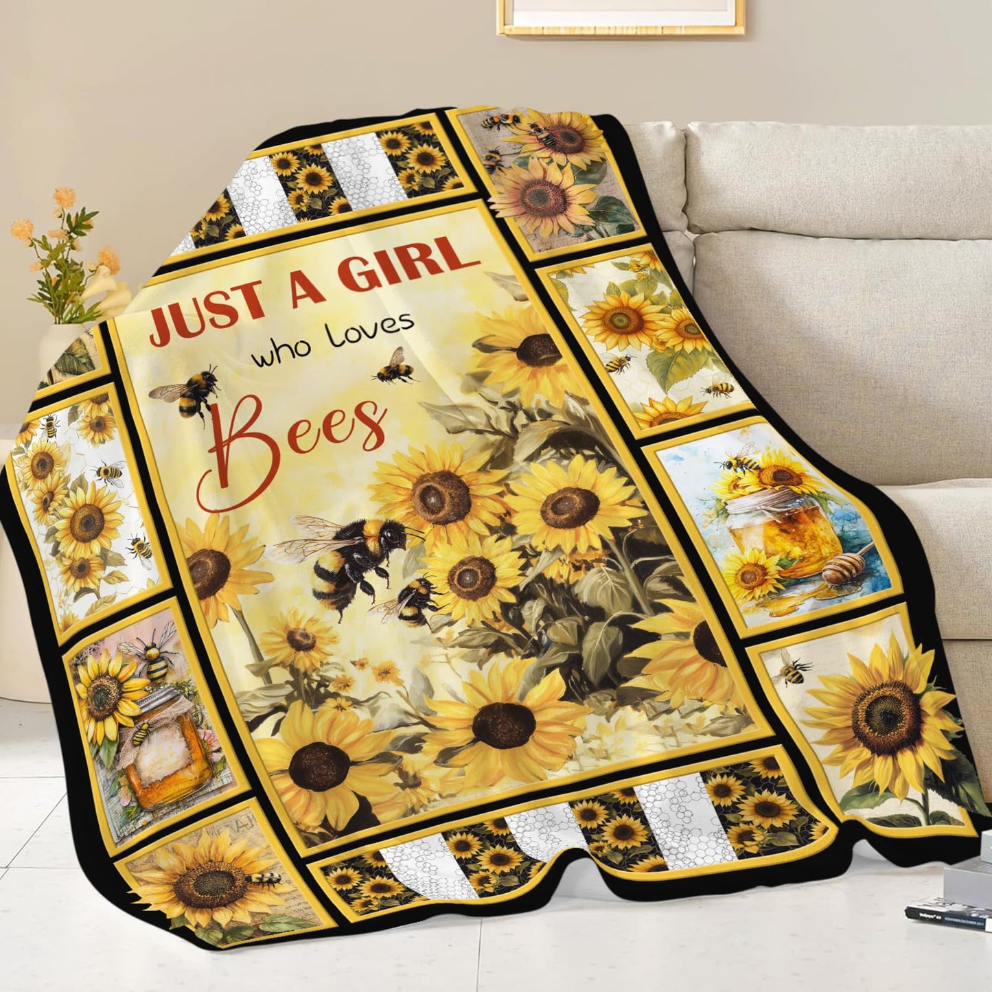 Bee Blanket for Boys Girls, Bee Sunflowers Flannel Throw Blanket, Fleece Soft Cozy Stuff Blankets Gift for Women Men Couch Sofa Bed 50" x 40"