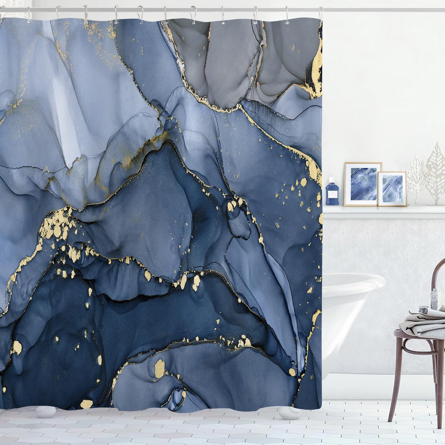 BayNook Navy Blue Marble Shower Curtain, Dark Blue Modern Abstract Fabric Shower Curtains for Bathroom, Luxury Art Ink Texture Watercolor Shower Curtain Set with Hooks 72x72