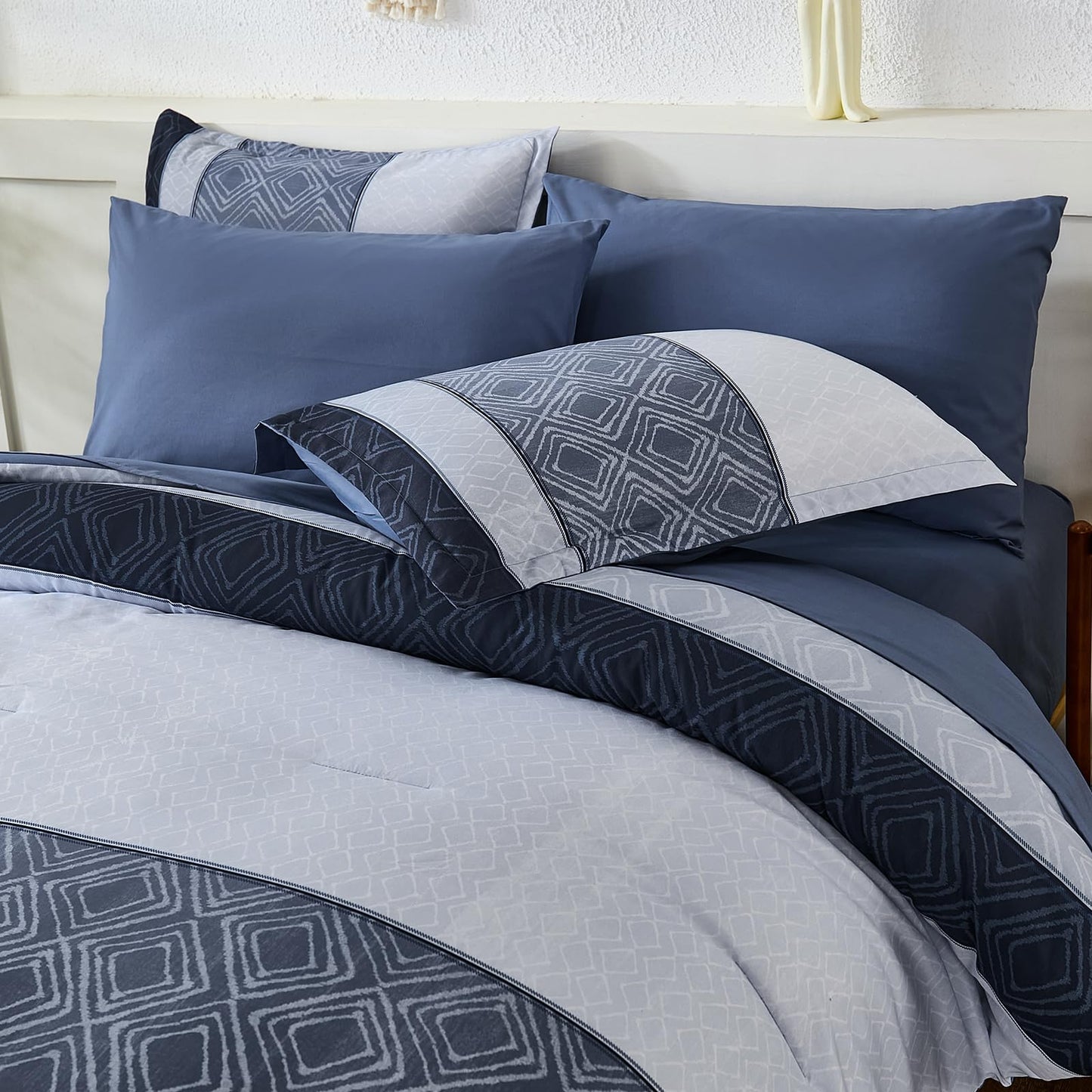 Dinjoy Boho Queen Comforter Set Mineral Blue,7 Piece Bed in a Bag Queen Size Lightweight Striped Bedding Sets with Plaid Comforters with Sheets for Family All Season