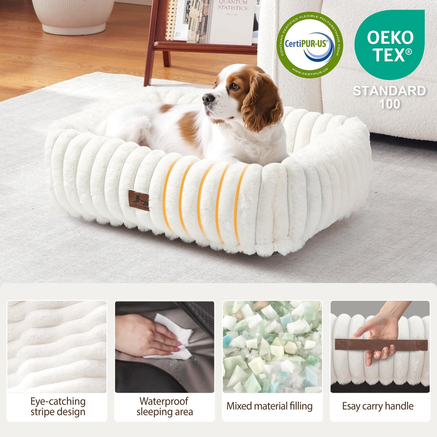 Warmrest Washable Dog Bed for Small Medium Dogs - Rectangle Orthopedic Corduroy Fleece Pet Bed with Removable Cover and Nonskid Bottom, Calming Puppy Bed Soft Pet Sofa, Cream(25x21x7inchs)
