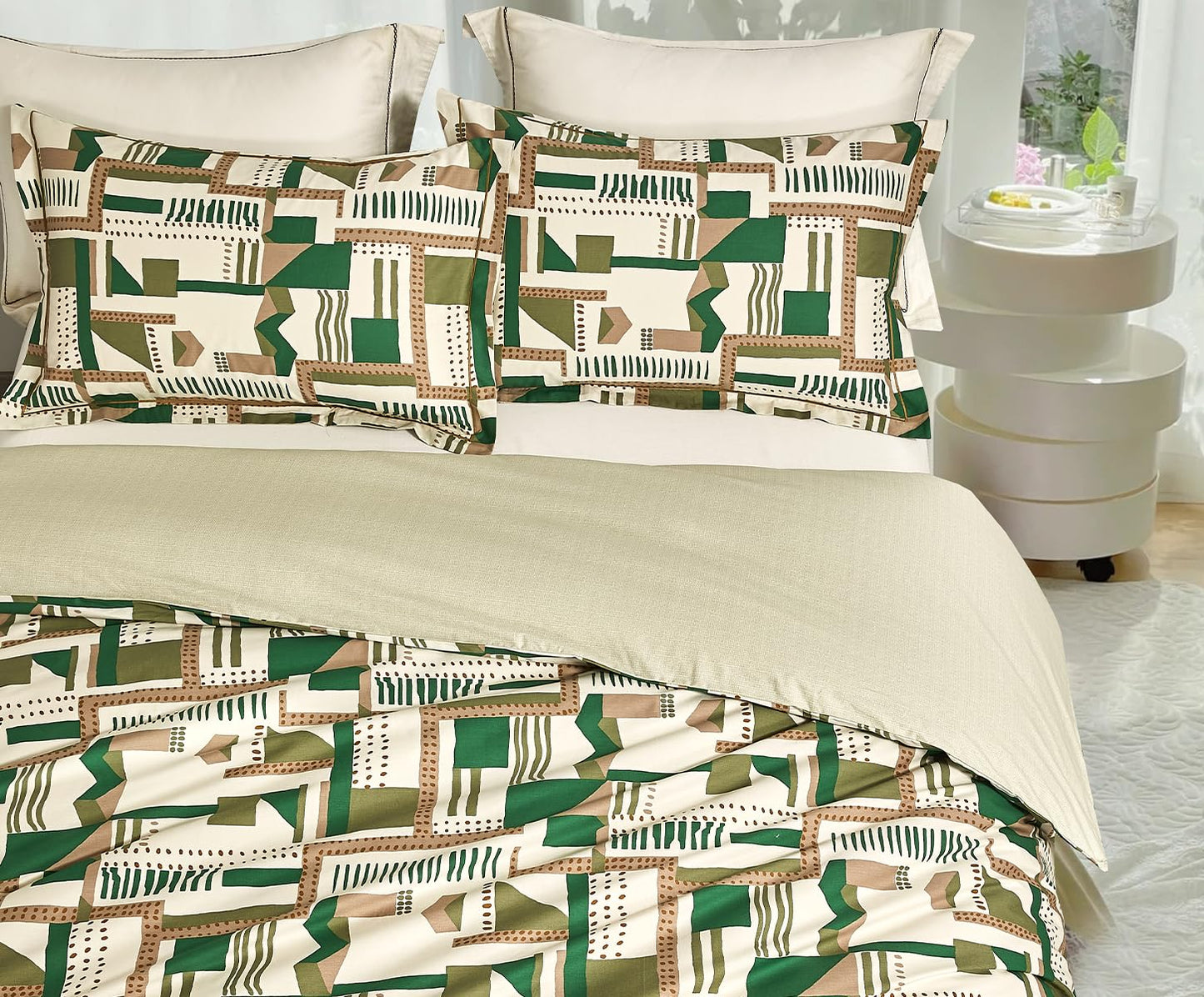SLEEPBELLA Comforter King Size, 600 Thread Count Cotton White Printed with Green & Brown Geometric Comforter Set, Down Alternative Bedding Set 3Pcs(King, Green Geometric)
