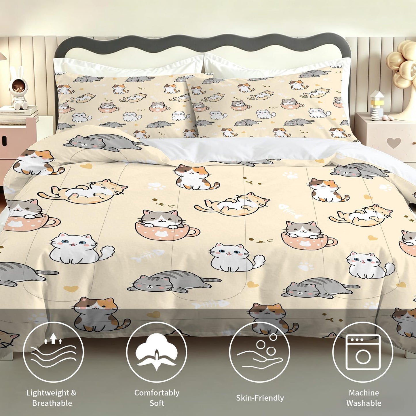 EDGZKO Cat Comforter Set Full Size Cartoon Cat Pattern Princess Bedding Set Soft Toddler Quilt Duvet Set Full Bed Set for Girls Kids Teens Adults Nursery 1 Comforter 2 Pillowcases