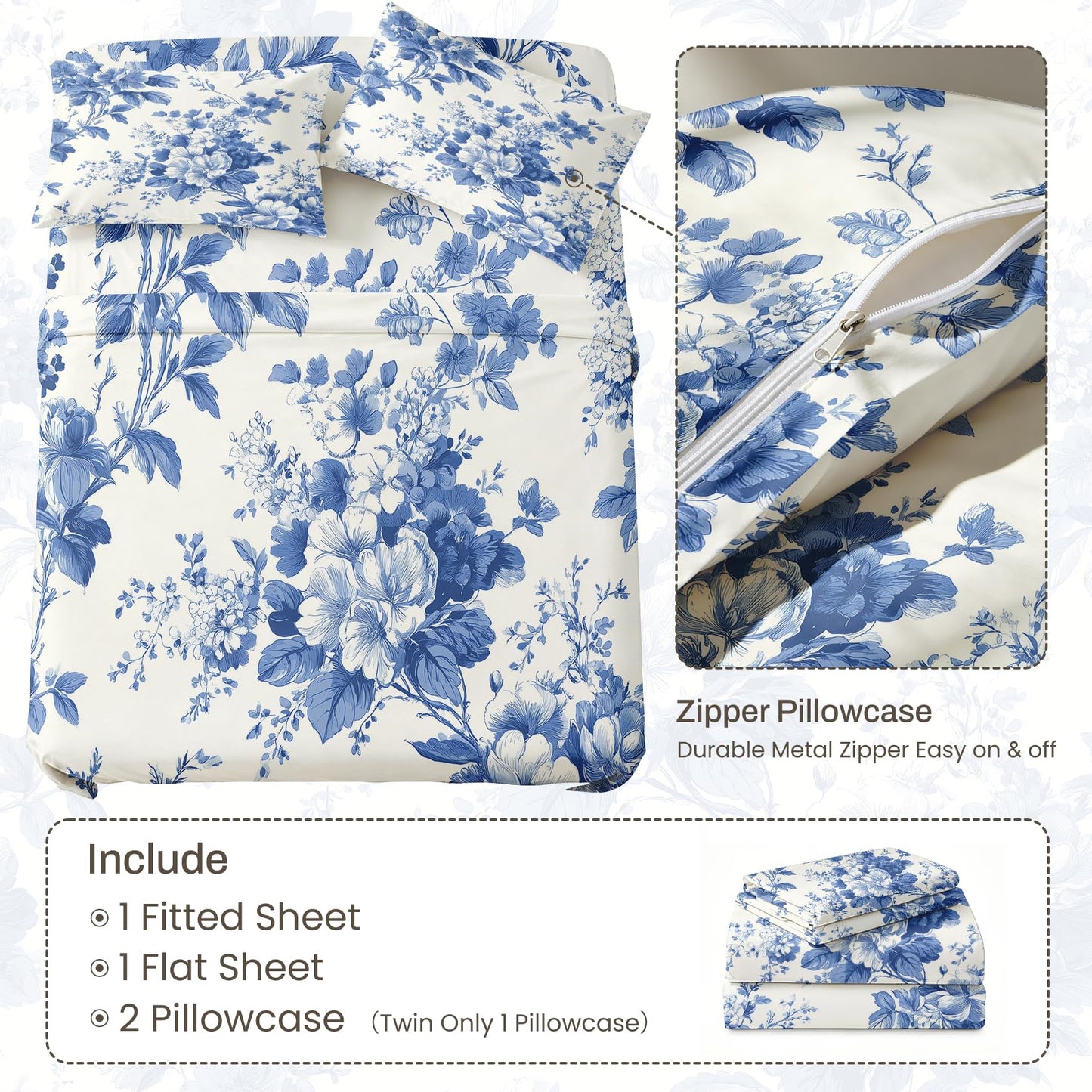 Blue White Floral California King Sheet Set 4 Pcs Chinoiserie Bed Sheets