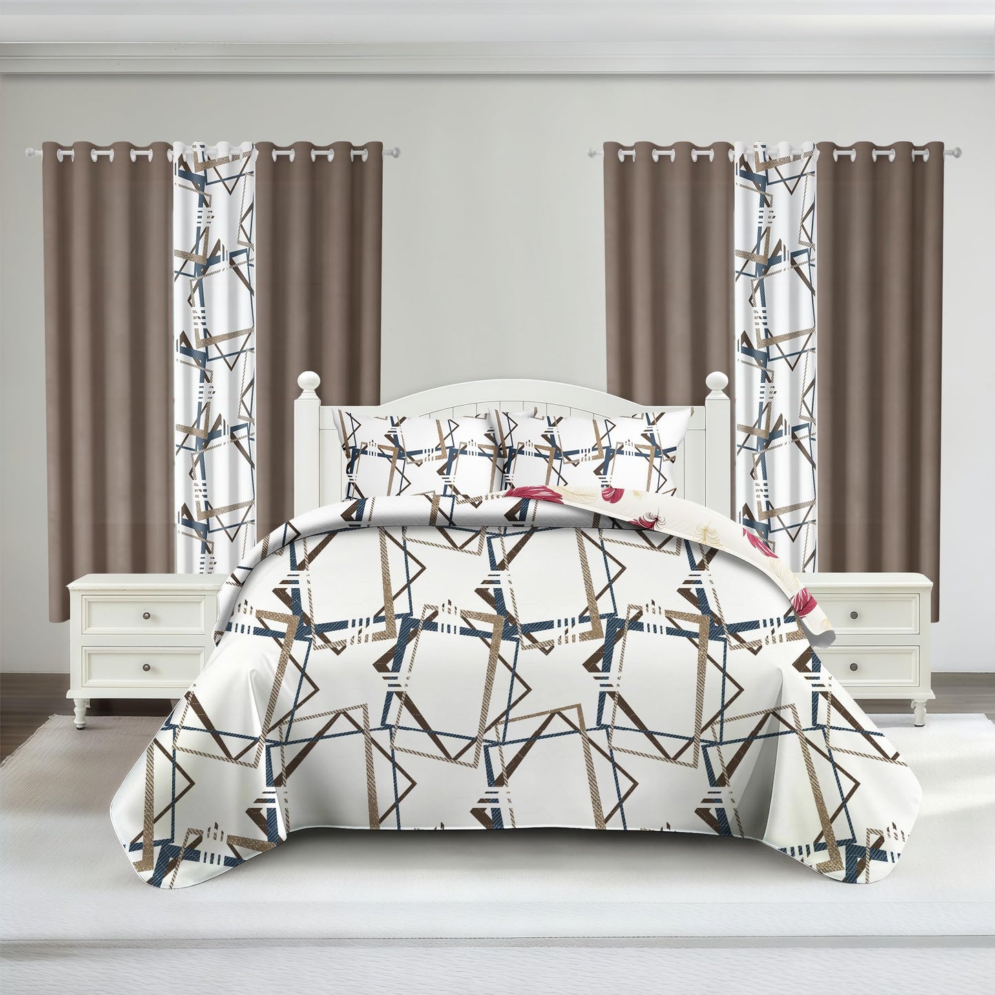 Deepsleep King Bedspread Set 9 Pieces, All Season Luxury Bed in a Bag for Bedroom, with 2 Pillowcases and 6 Curtains, Ultra-Soft Microfiber for Complete Bedroom Decor, Geometric Lines