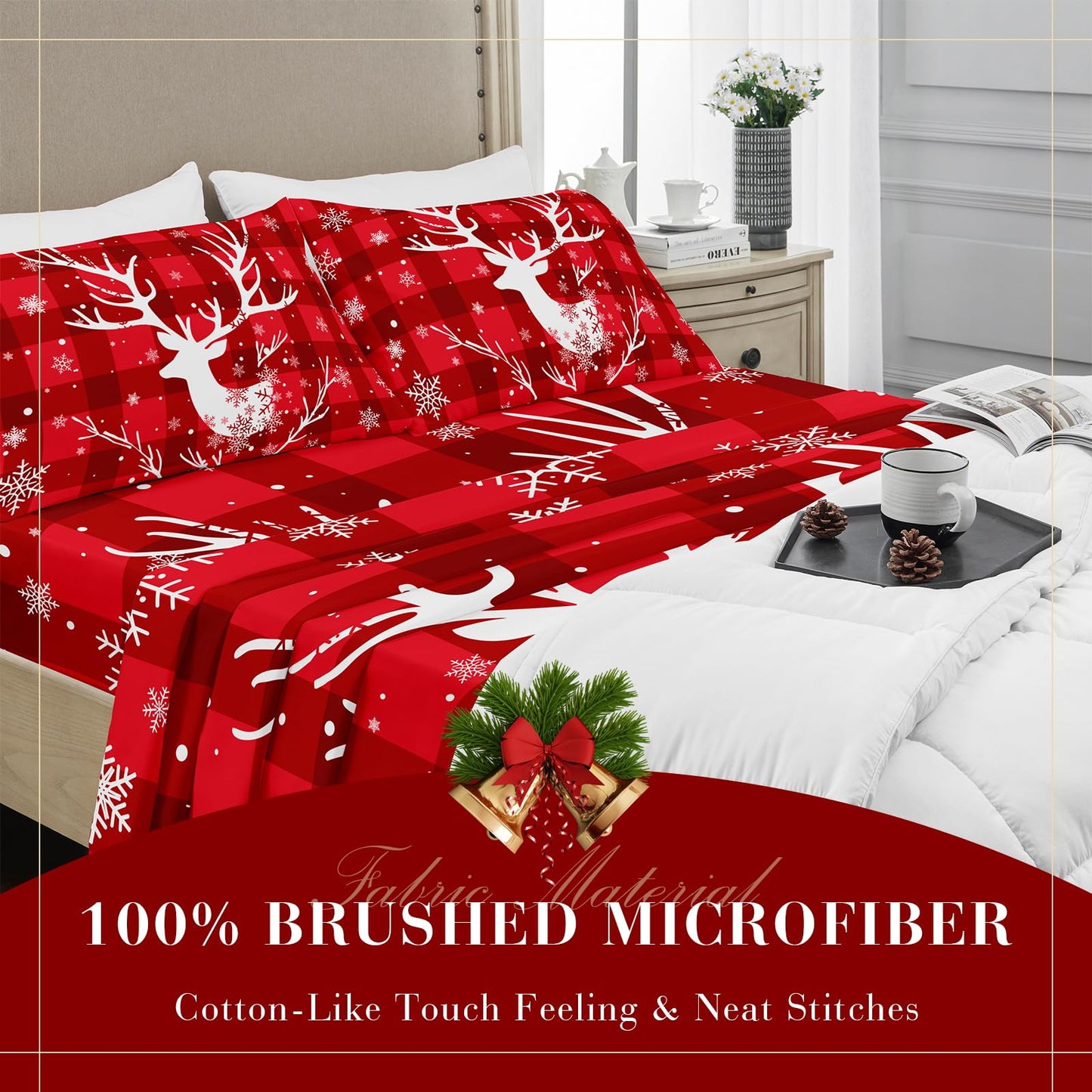 YIYEA Christmas Queen Sheet Set, Luxury 1800TC Double Brushed Microfiber Christmas Bed Sheets for Queen Size Bed, Extra Soft, Deep Pocket, Shrinkage and Fade Resistant, 4PC (Queen)