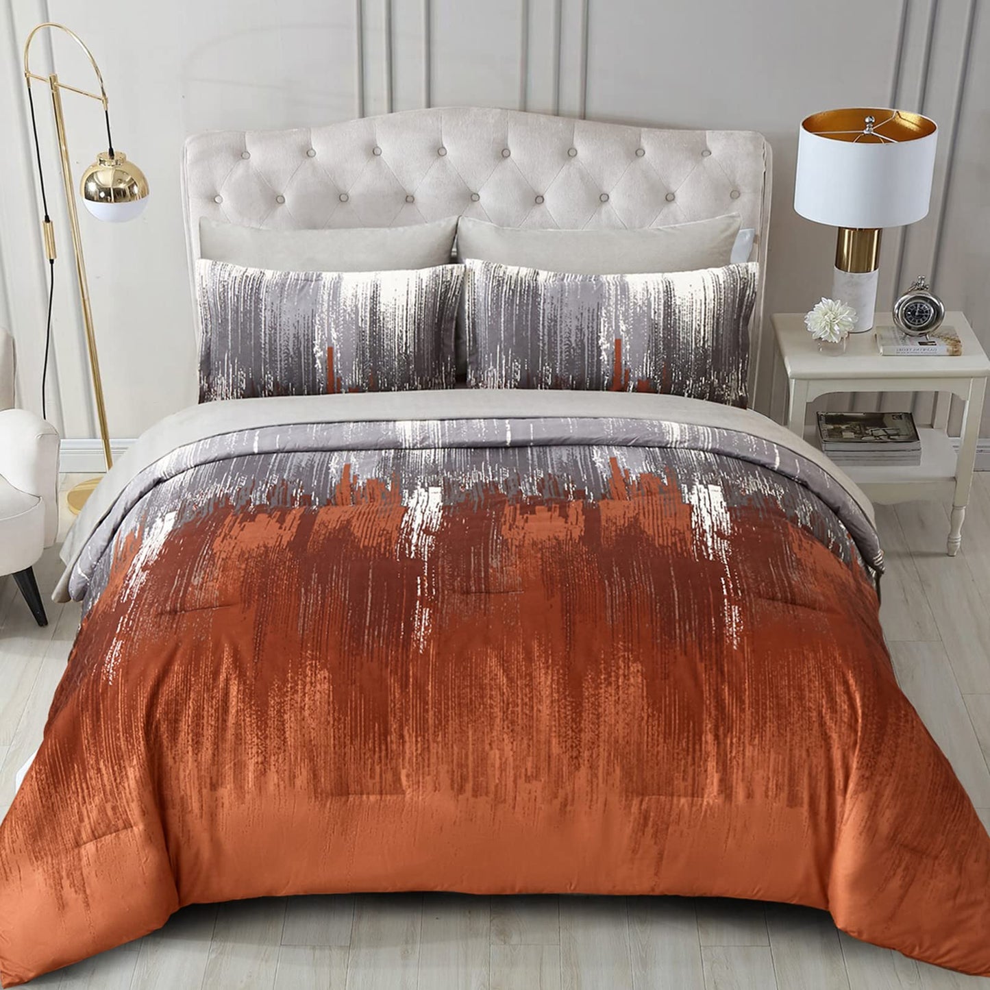 WONGS BEDDING Comforter Set King, Burnt Orange 7 Pieces Bed in a Bag Abstract Gradient Soft Microfiber Terracotta Bedding Set with Flat Sheet, Fitted Sheet, Pillow Shams, Pillowcases