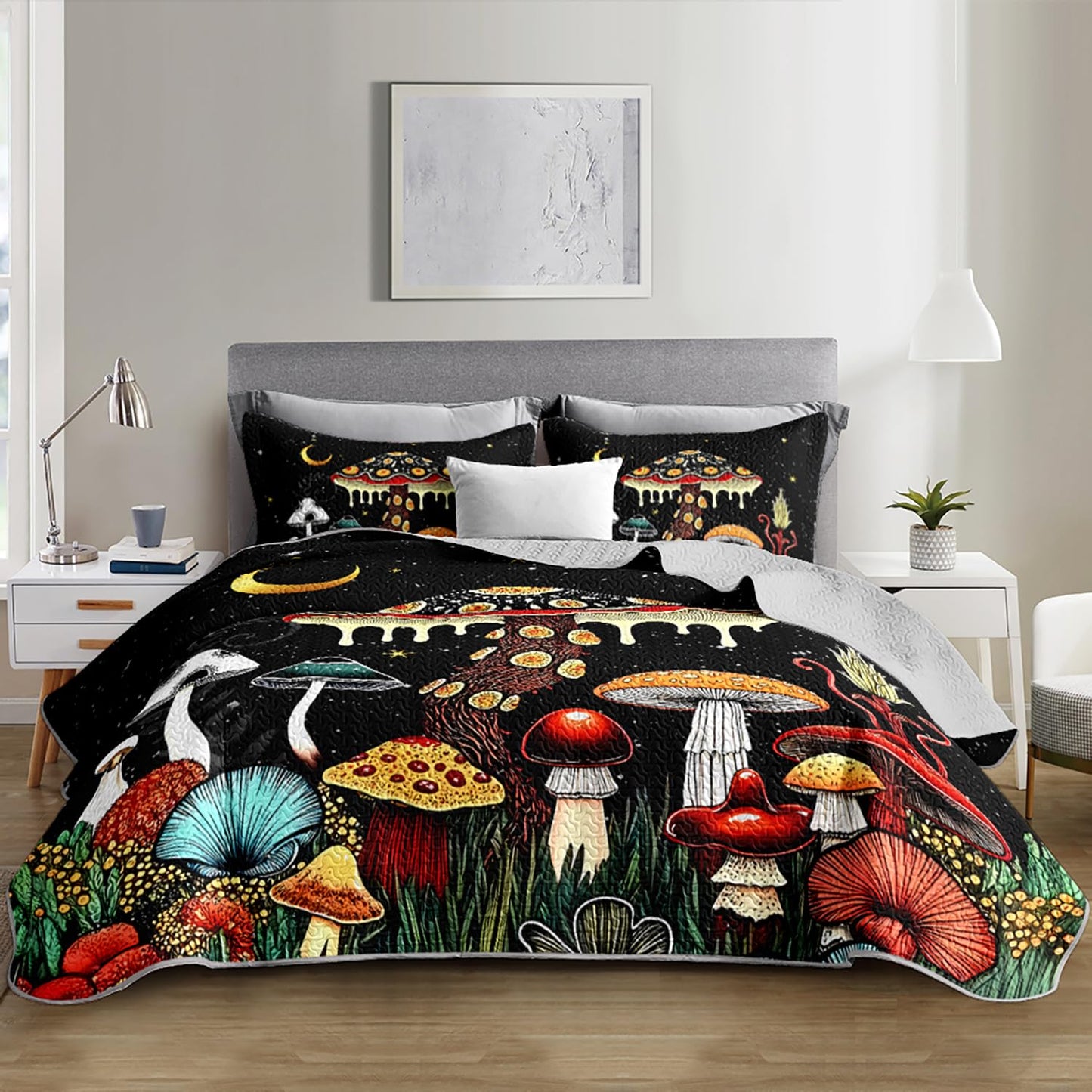 UEVBF Kids Mushroom Bedding Set King Size,Natural Wild Fungus Quilt Sets for Kids Boys Girls Room Decor,Botanical Plants Soft Lightweight Quilt Sets with 2 Pillowcases.
