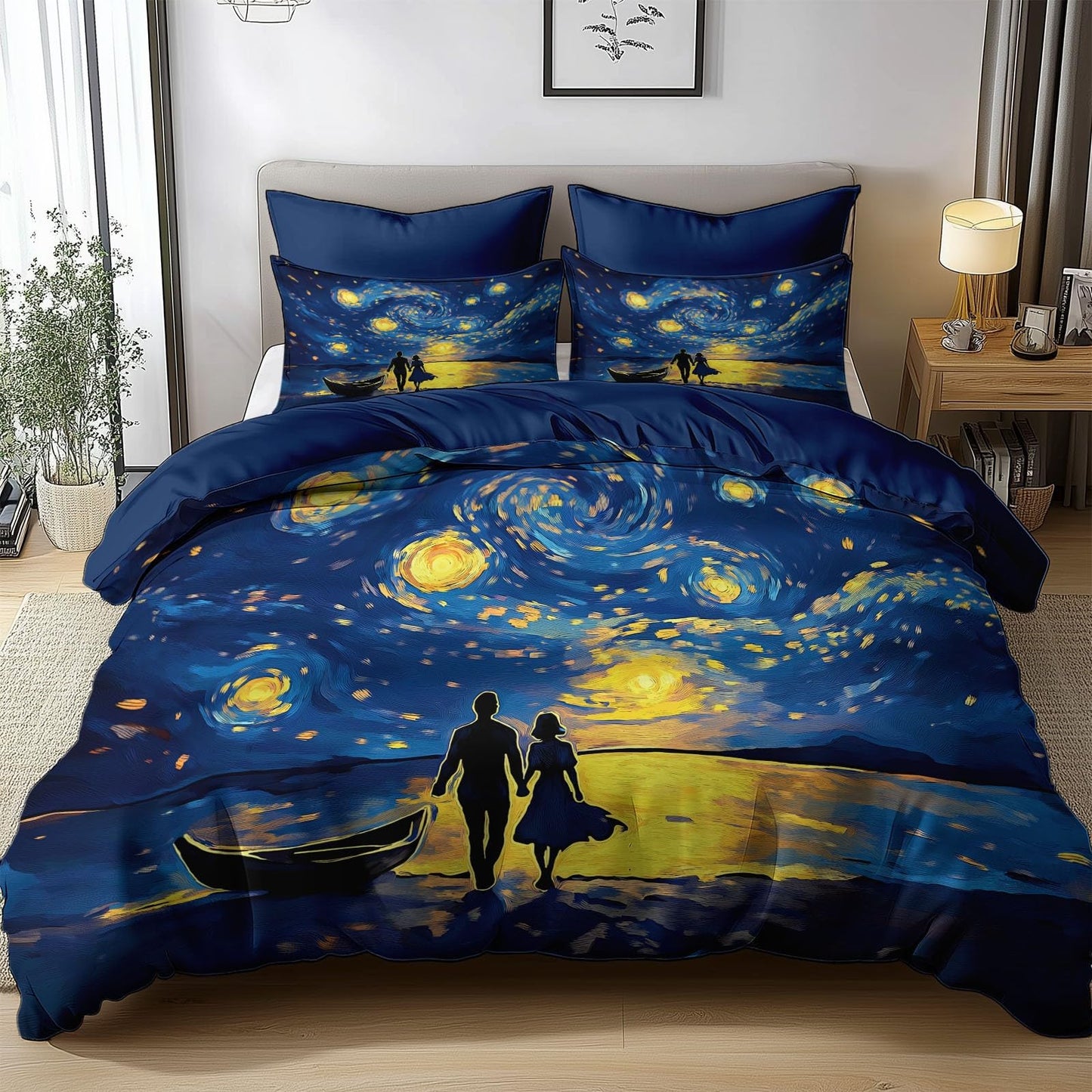 Twin Duvet Cover Set Oil Painting Couple Seaside Soft Microfiber Reversible Comforter Bedding Cover with Zip Tie, Lightweight Breathable Navy, for Boys Girls Teens