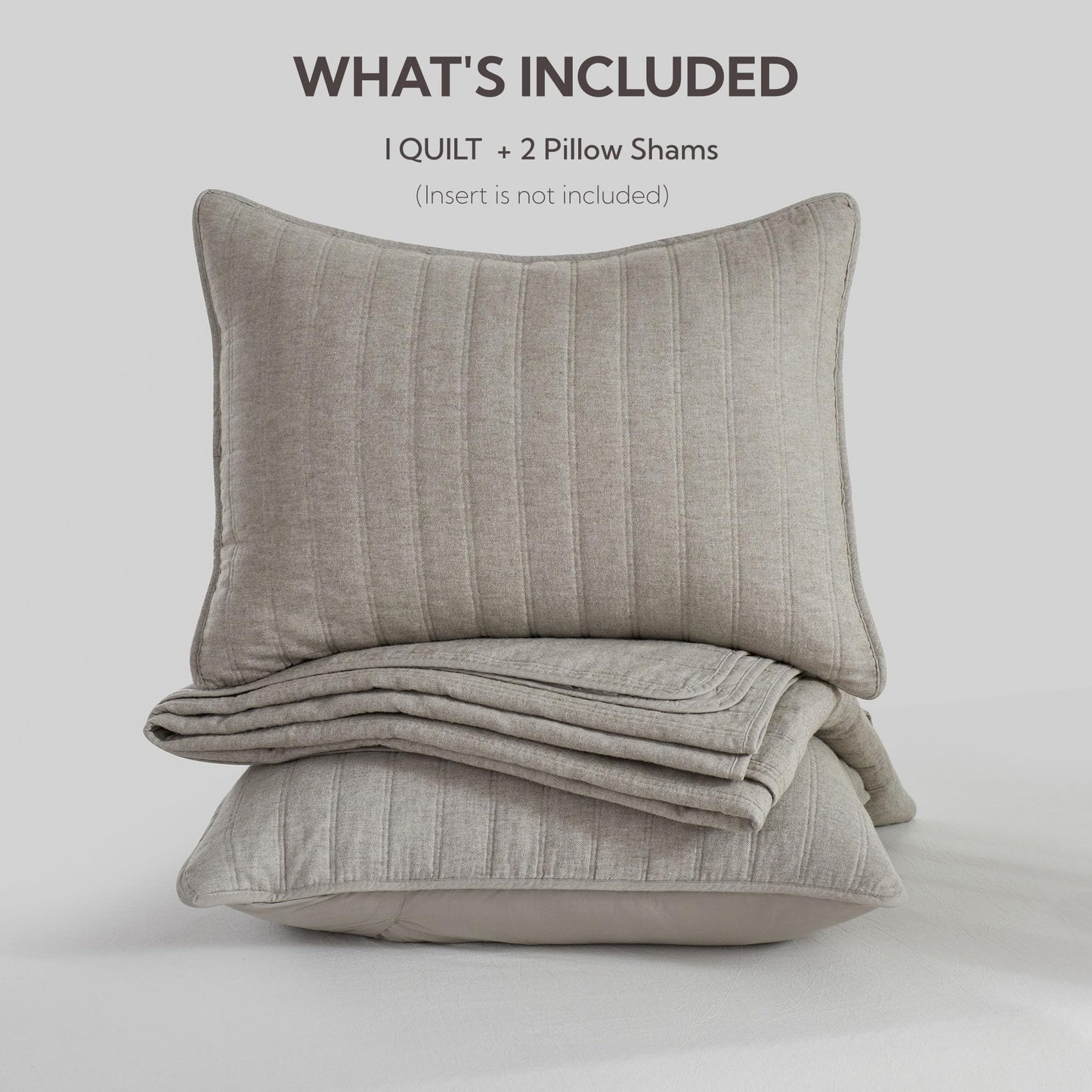 Cotton Brushed Herringbone Quilt Set 3-Piece Prewashed, Queen Size, Vertical Stitch All-Season Bedspread, Soft Cozy Coverlet Bedding for Bedroom, Natural Color.