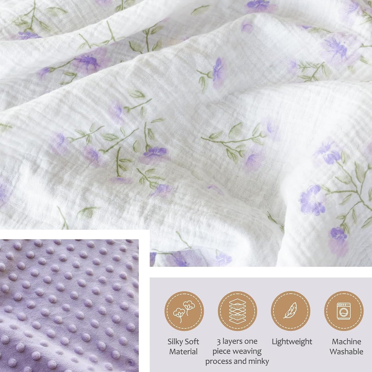 BOPRIO Baby Blankets for Unisex Boys Girls Super Soft Nursery Minky Blankets with Breathable Muslin Cotton Front and 3D Touch Dotted Fleece Backing, Floral Printed Bed Throws Newborn 30 x 40 Inch