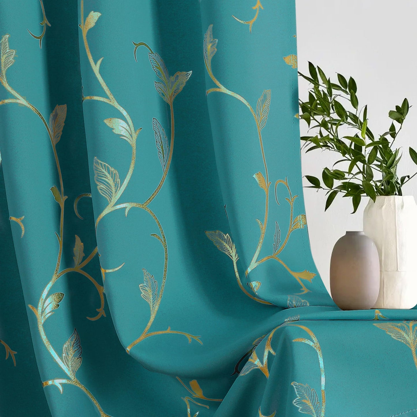 BUHUA Blackout Curtain 2 Panel Set Gold Vine Foil Print Thermal Insulated Drapes Room Darkening Curtains Grommet Window Treatment, 52 x 72 Inch, Teal Blue