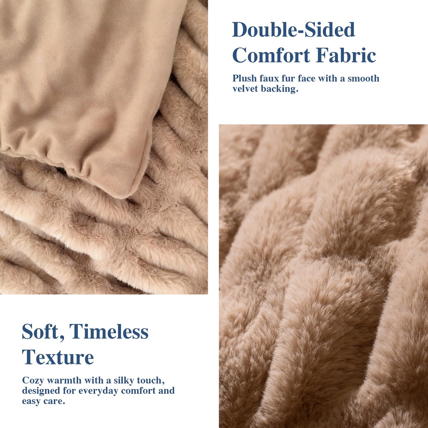 blunique Faux Rabbit Fur Throw Blanket, Soft Plush Cozy Blanket for Couch Bed, Thick Fluffy Ruched Decorative Blanket, Giftable,50"x60",Light Brown