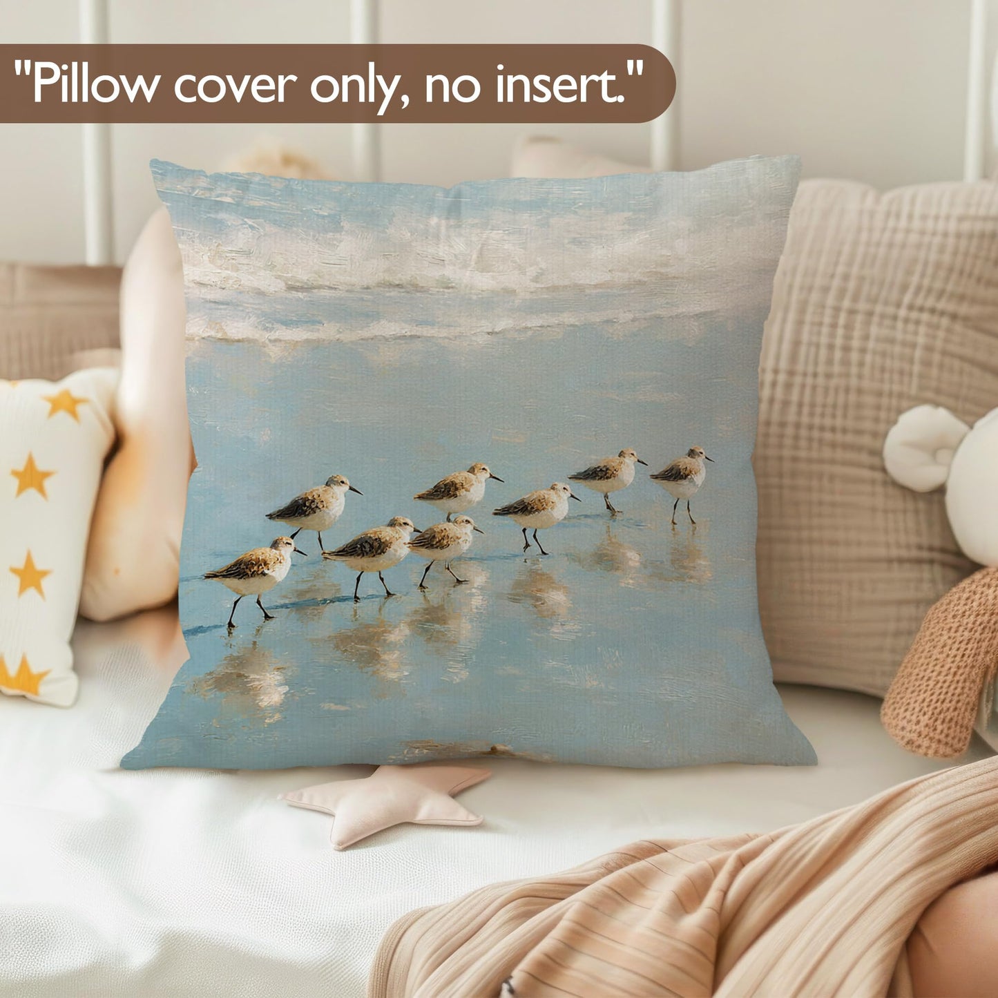 Lengues Coastal Beach Bird Pillow Covers 18x18 inches, Bird Lover Gifts Throw Pillow Covers, Coastal Ocean Beachy Sandpiper Decorative Pillowcases for Home Bed Bedroom Living Room Couch
