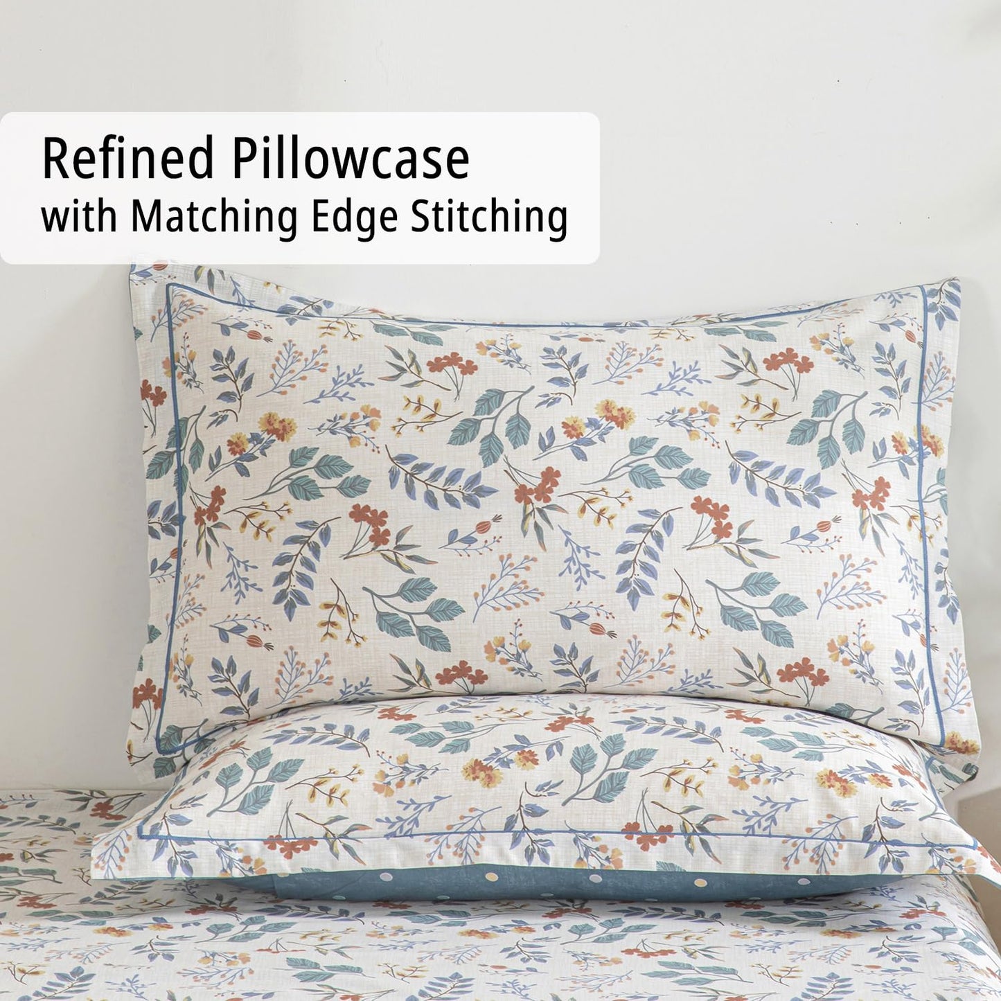 LEMIROE Botanical Cotton Comforter Queen Size - Lake Green Comforter with Dusky Blue & Warm Rust Leaves on Ivory,Reversible Lightweight Bedding Sets 3Pcs(Polka Dot)