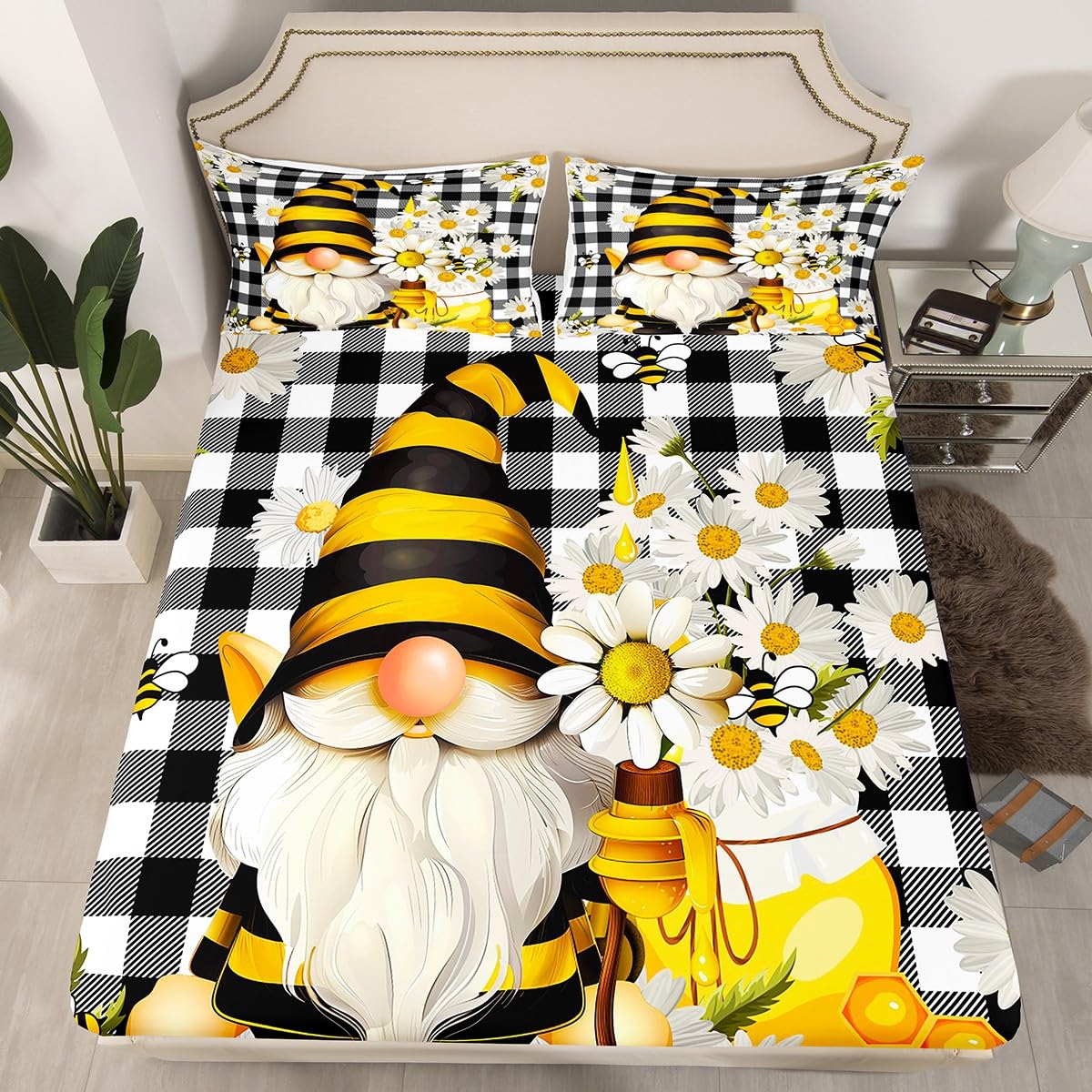 Daisy Gnomes Bed Sheet Twin Size Black White Grid Bedding Set 3pcs for Kids Girls Boys Teens Home Decor Bee Flowers Spring Style Deep Pocket Fitted Sheet Plants Nature Top Flat Sheet,1 Pillowcase
