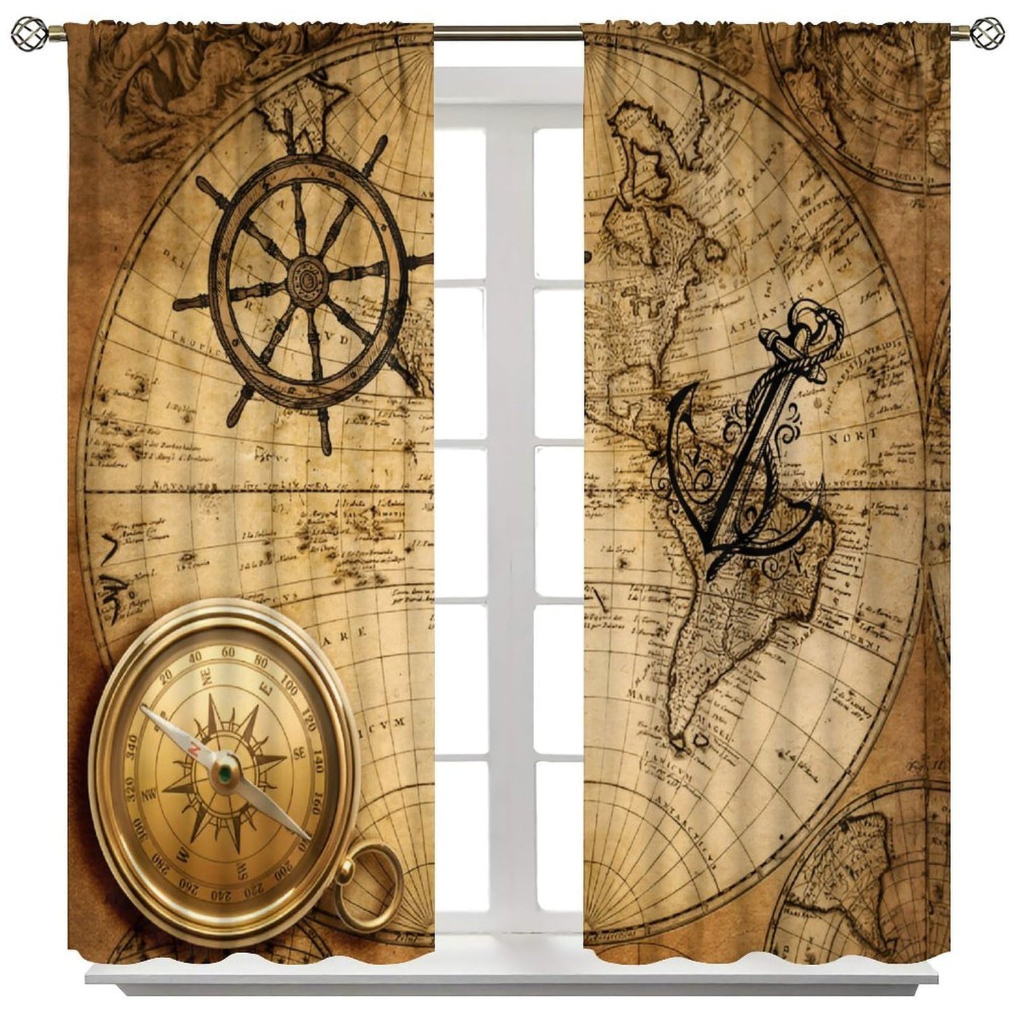 Nanacur World Map Curtains, Vintage Rustic Farmhouse Middle Ages Old Sea Map Nautical Ocean Theme Window Drapes for Bedroom Living Room 41" W X 45" L (No Blackout)