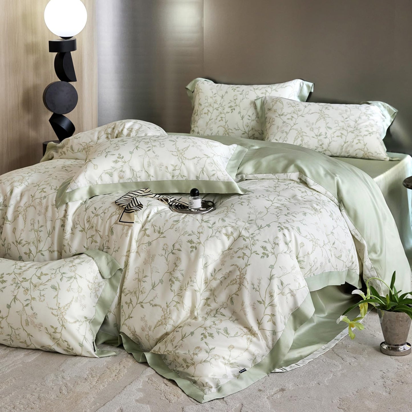 VM VOUGEMARKET Lyocell Duvet Cover Set Queen with Green Floral Pattern,Silk-Like Smooth & Cool Comforter Cover Set with Corner Ties-Queen,Mint Green