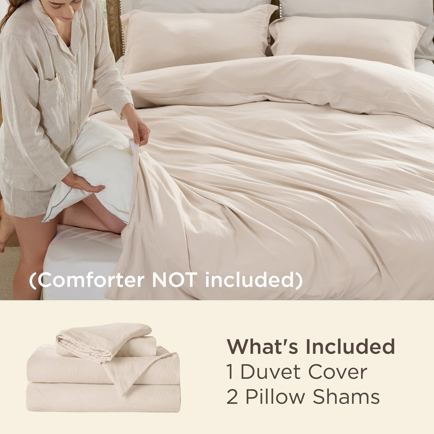Bedsure Cream Duvet Cover Queen Size - 3 Pieces Prewashed Cotton-Like Polyester Extra Soft Bedding Set, Includes 1 Duvet Cover 90x90 Inches with Zipper Closure & 2 Pillow Shams, No Comforter