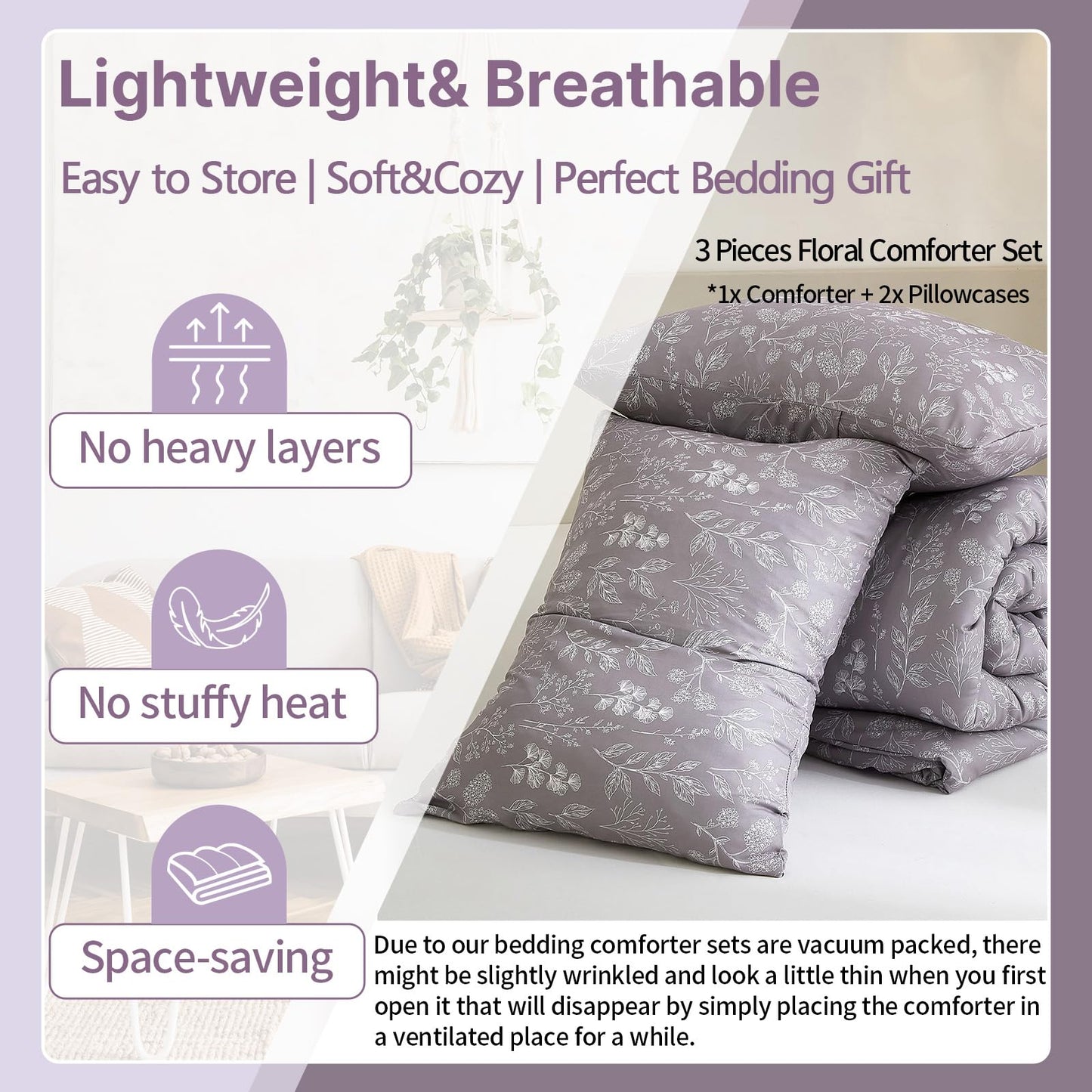 EAVD Botanical Floral Comforter Set Queen Grayish Purple Soft Microfiber Chic Cute Garden Floral Bedding Comforter Set 1 Queen Comforter and 2 Pillowcases Fresh Botanical Comforter for All-Season